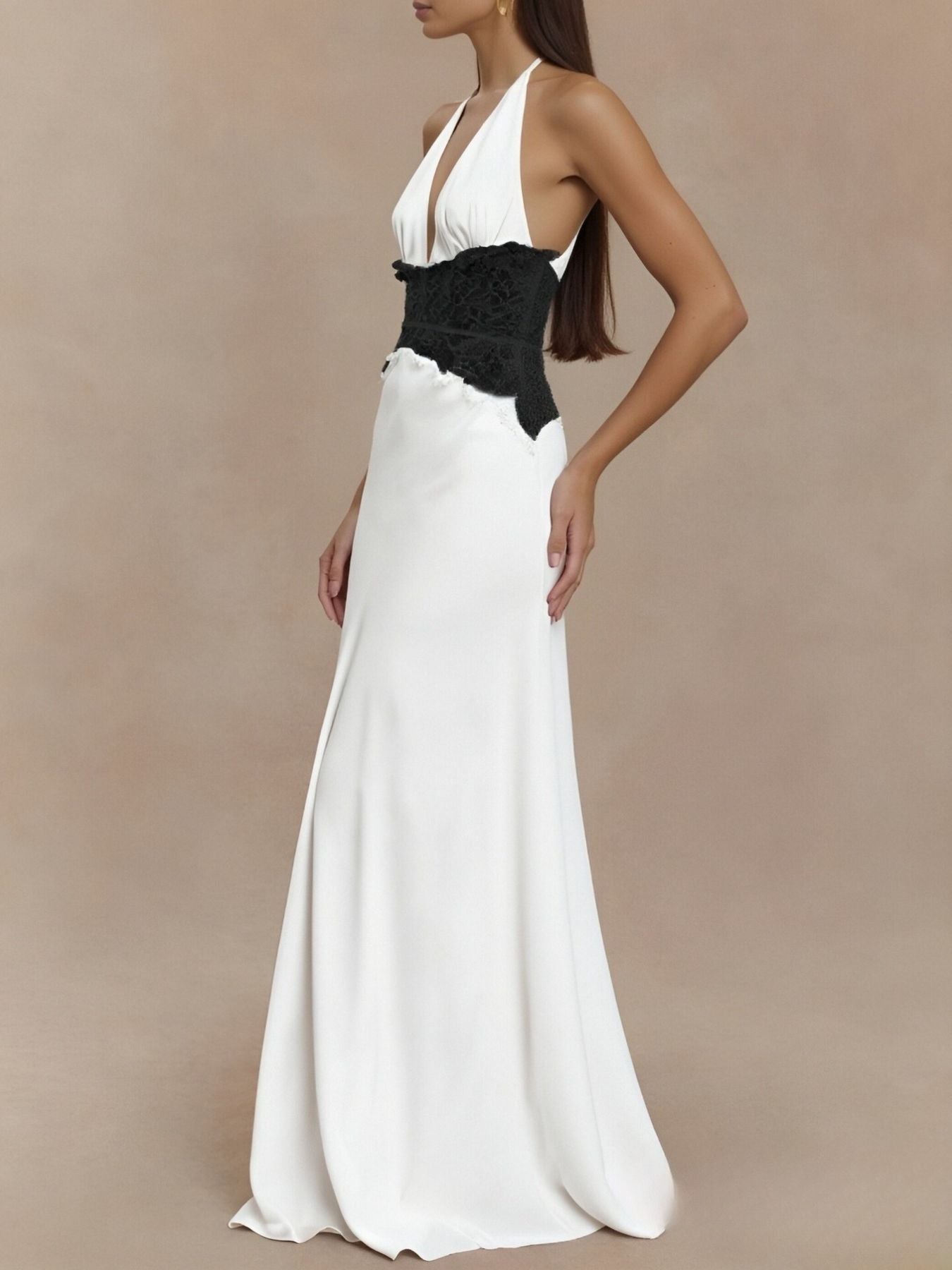 Halter Neck Lace Trimmed Maxi Dress - SuzRevera
