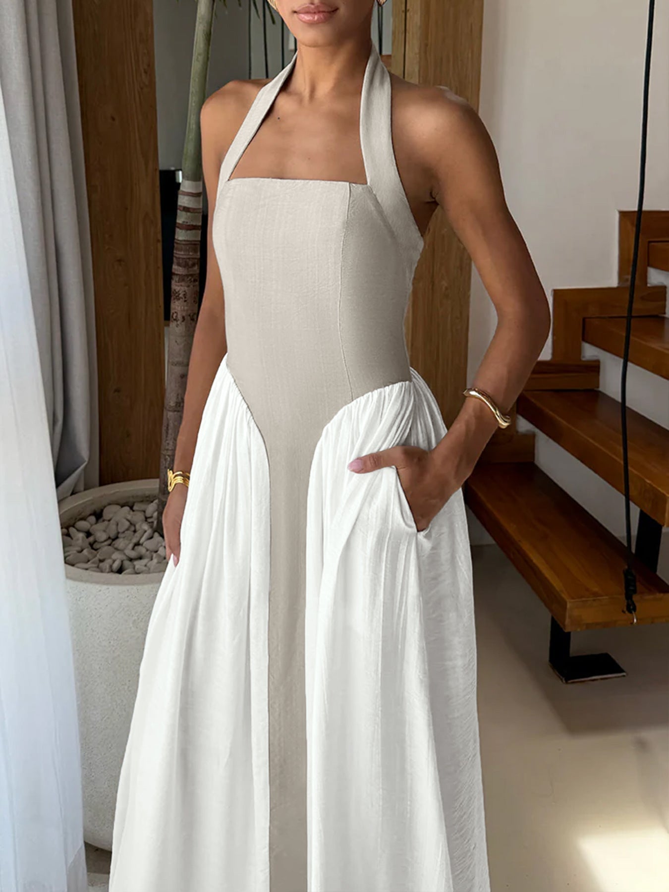 Halter Neck Two - Tone Maxi Dress - SuzRevera