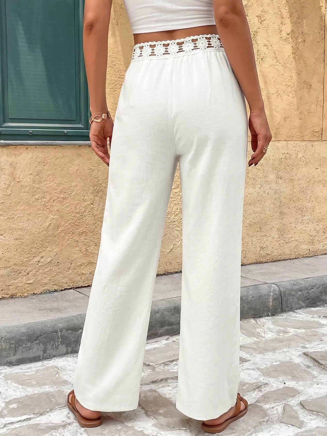 High Waist Wide Leg Pants with Crochet Trim - SuzRevera