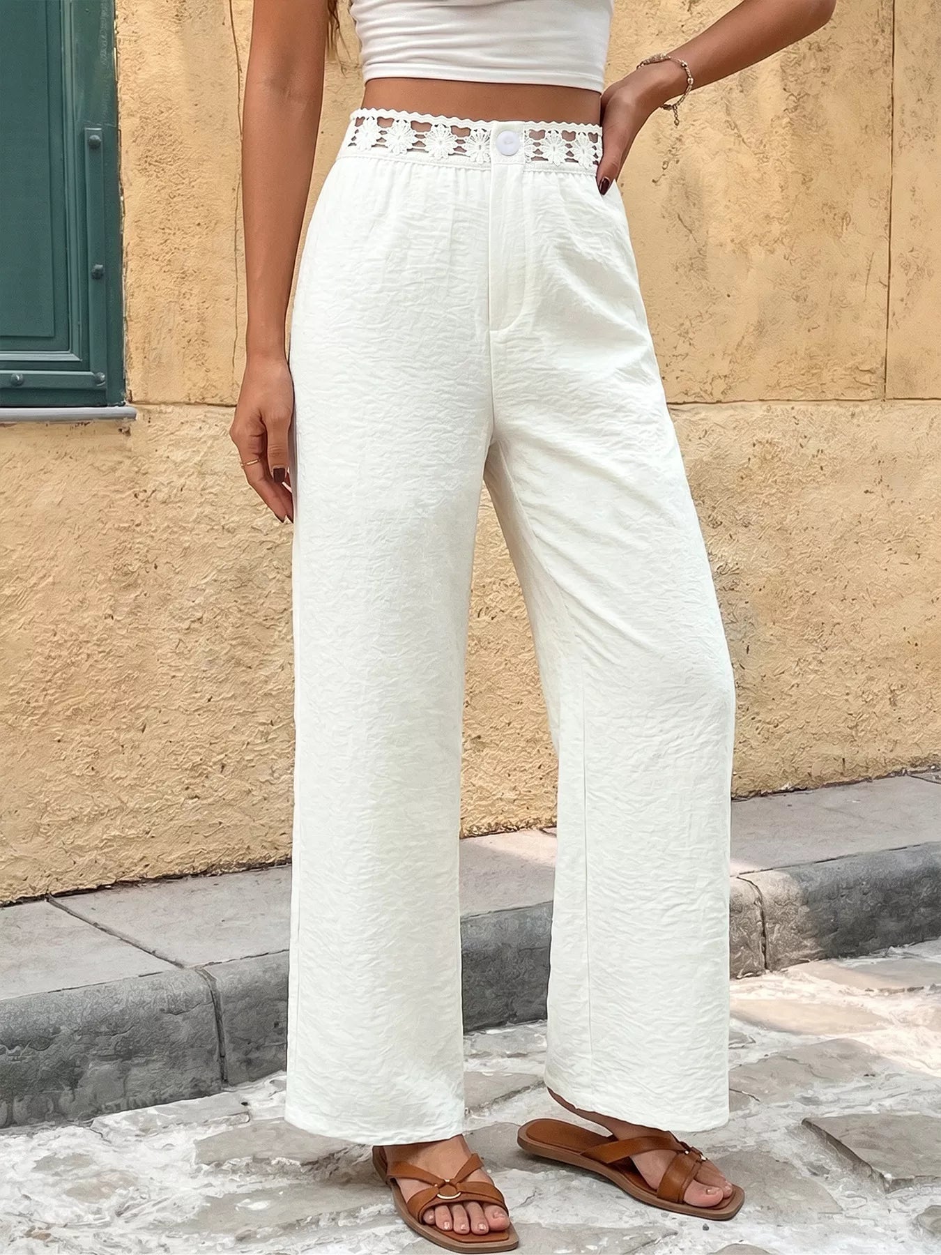 High Waist Wide Leg Pants with Crochet Trim - SuzRevera