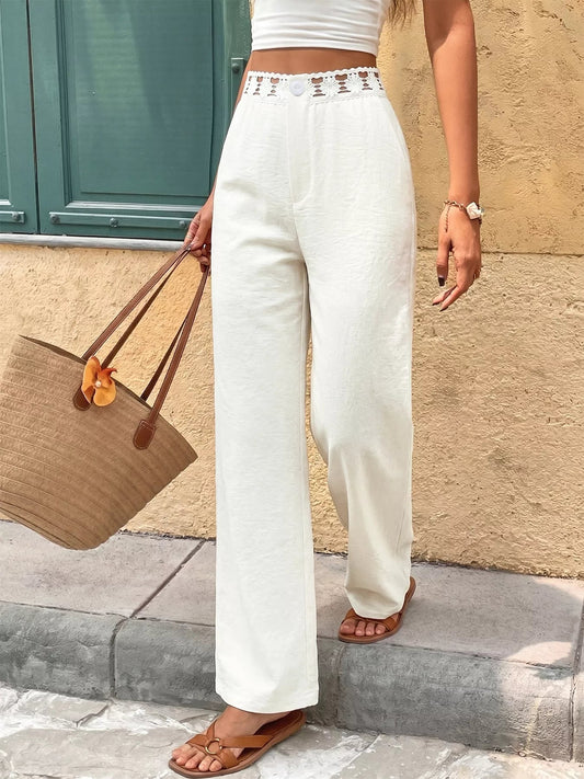 High Waist Wide Leg Pants with Crochet Trim - SuzRevera