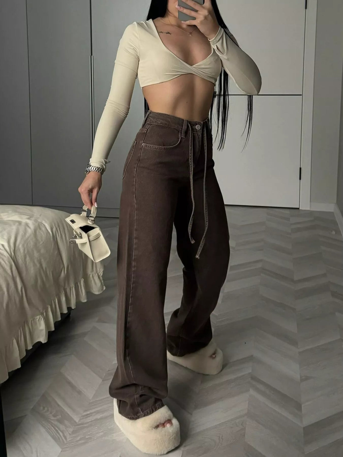 High-Waisted Wide-Leg Jeans with Tie-Waist Detail - SuzRevera