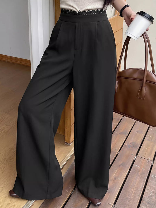 High-Waisted Wide-Leg Lace-Trimmed Pants - SuzRevera
