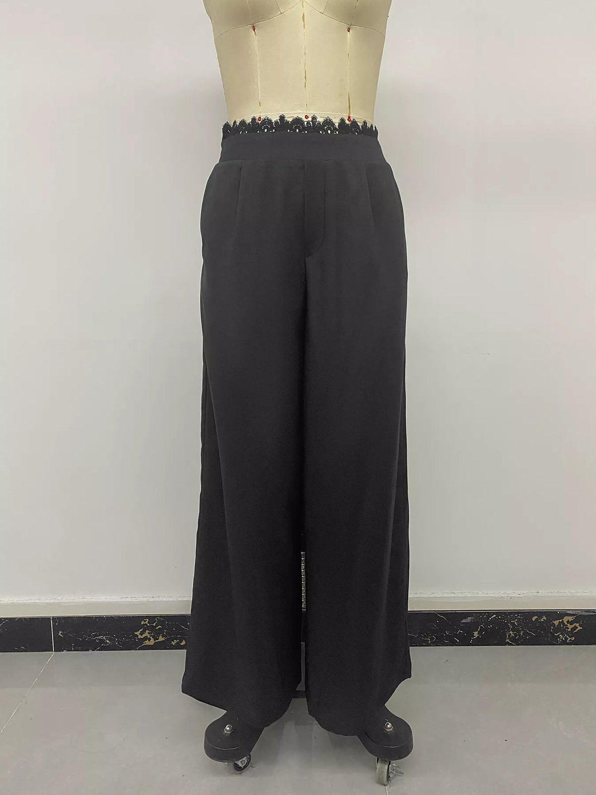 High-Waisted Wide-Leg Lace-Trimmed Pants - SuzRevera