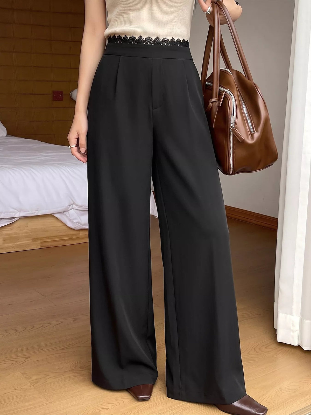 High-Waisted Wide-Leg Lace-Trimmed Pants - SuzRevera