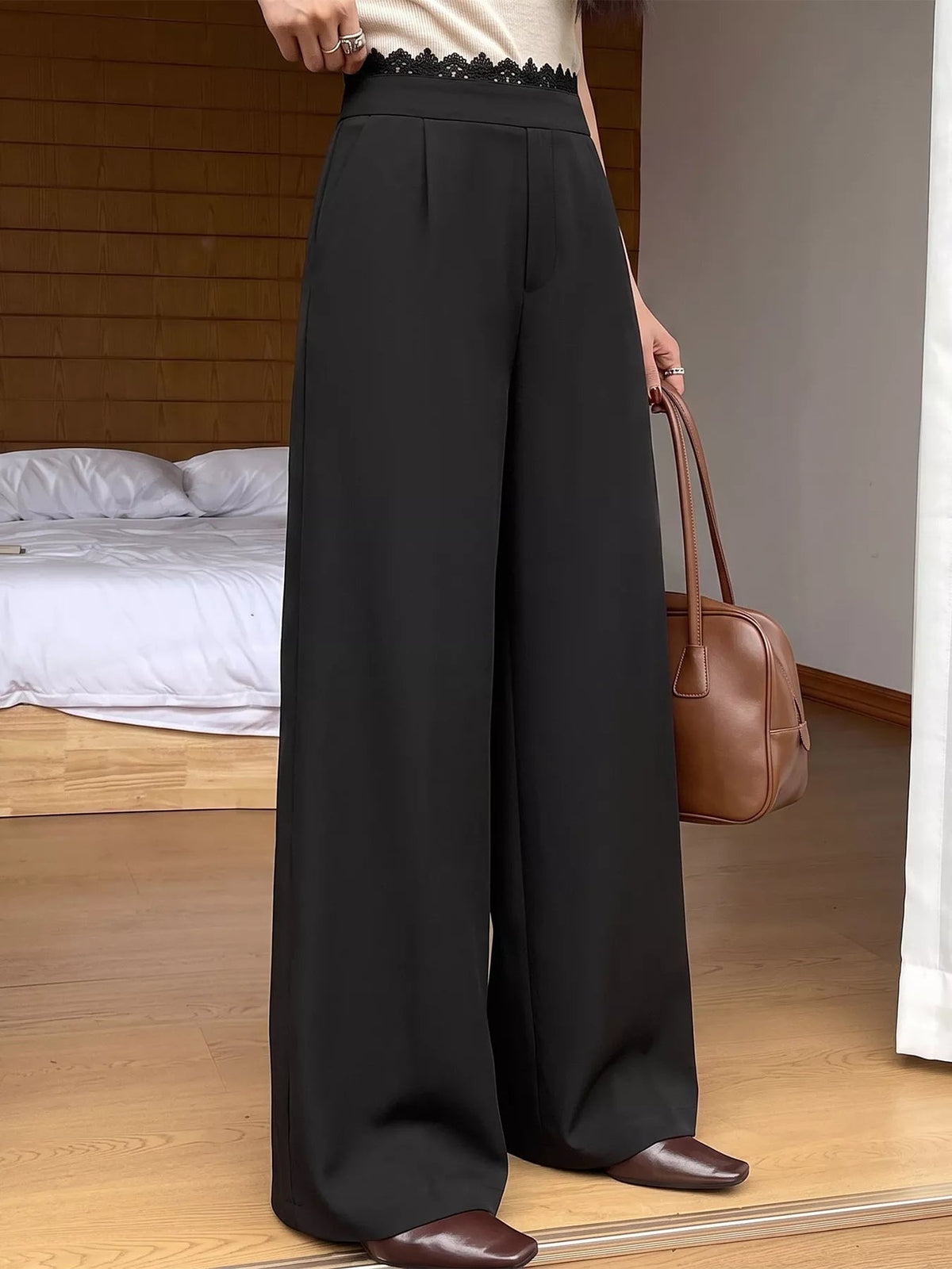 High-Waisted Wide-Leg Lace-Trimmed Pants - SuzRevera