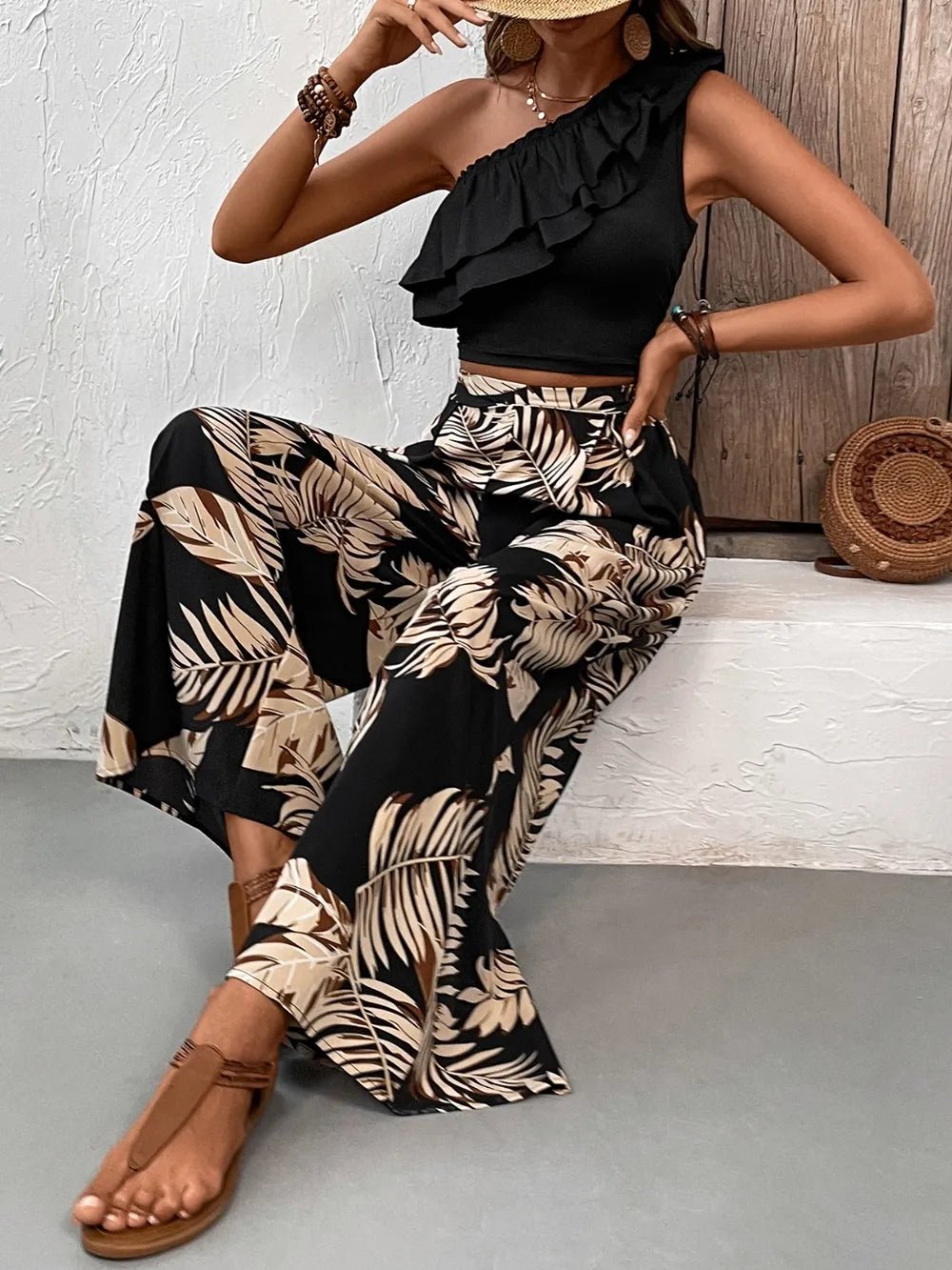 Honey Ruffled Sleeveless Top and Printed Pants Set - SuzRevera