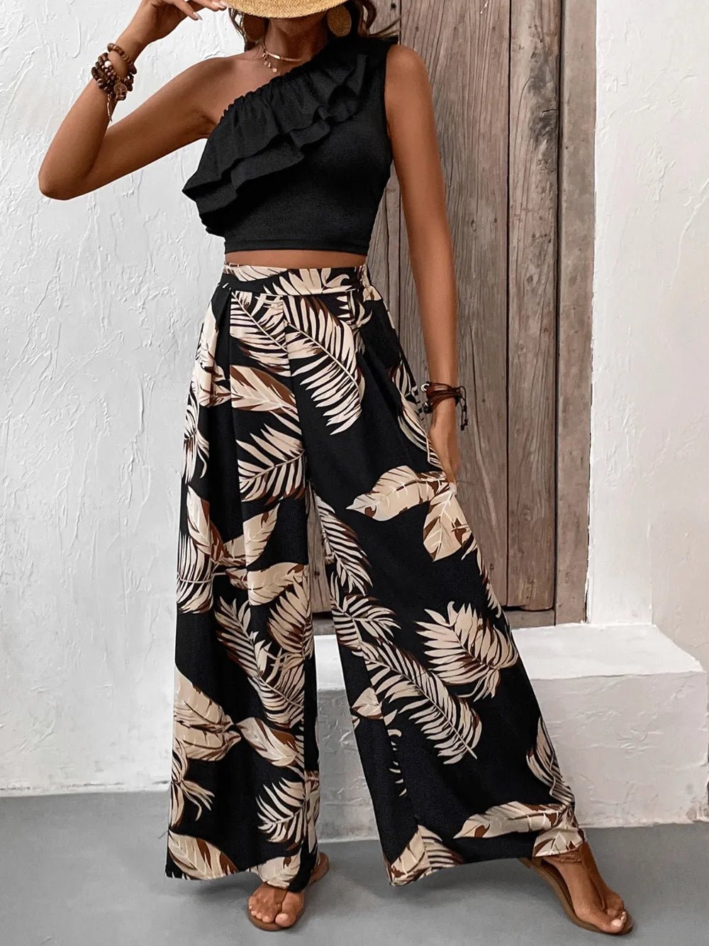 Honey Ruffled Sleeveless Top and Printed Pants Set - SuzRevera
