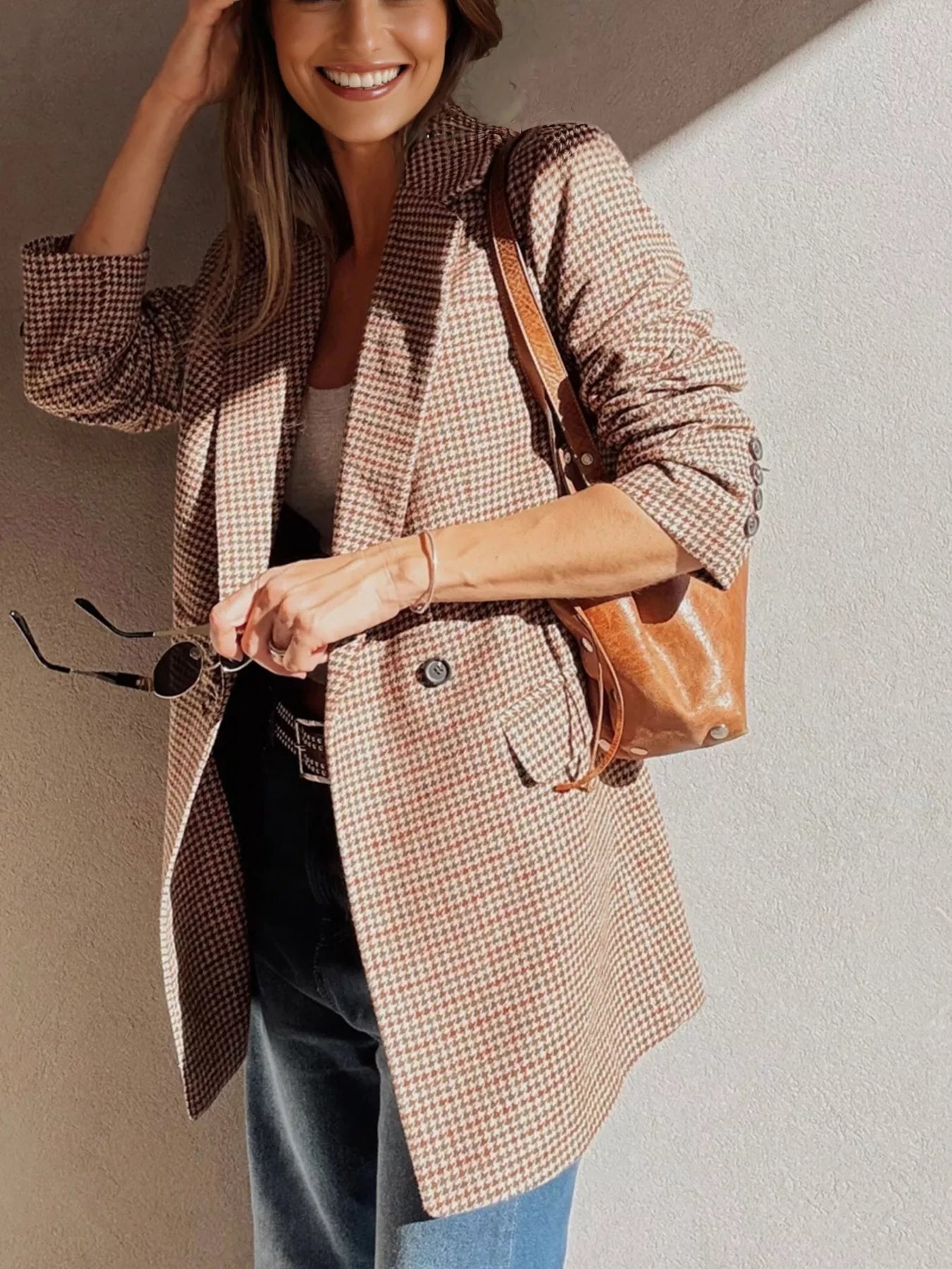 Houndstooth Lapel Collar Blazer - SuzRevera