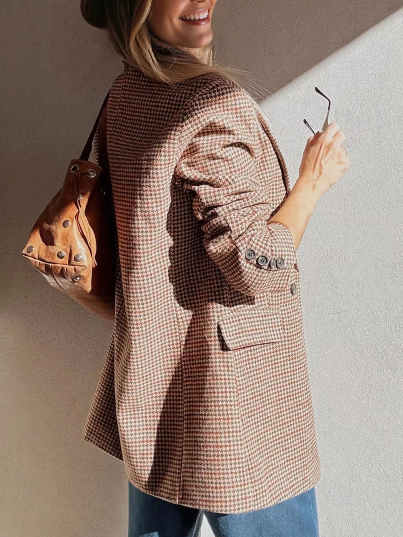 Houndstooth Lapel Collar Blazer - SuzRevera
