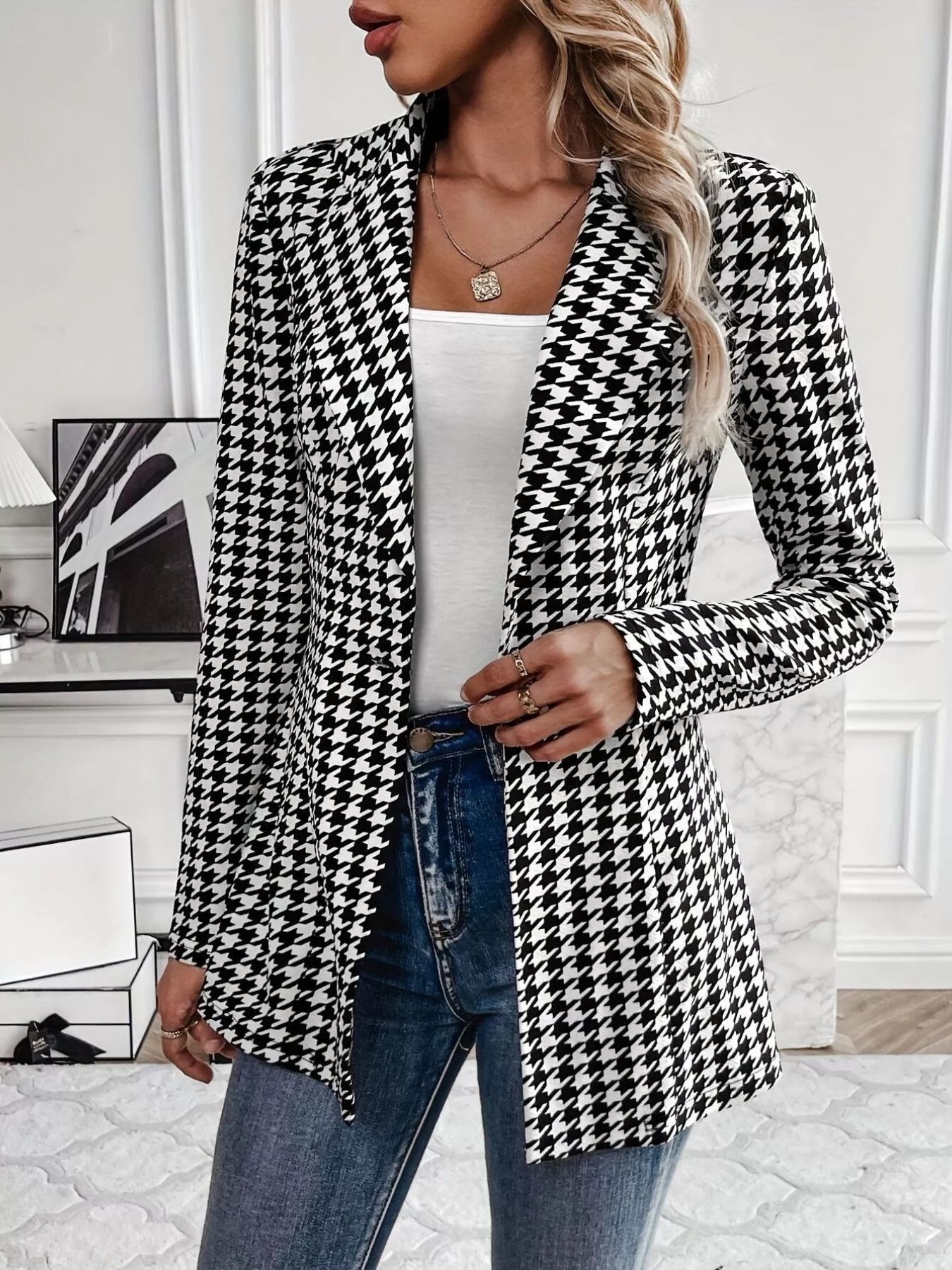 Houndstooth Print Lapel Collar Blazer - SuzRevera