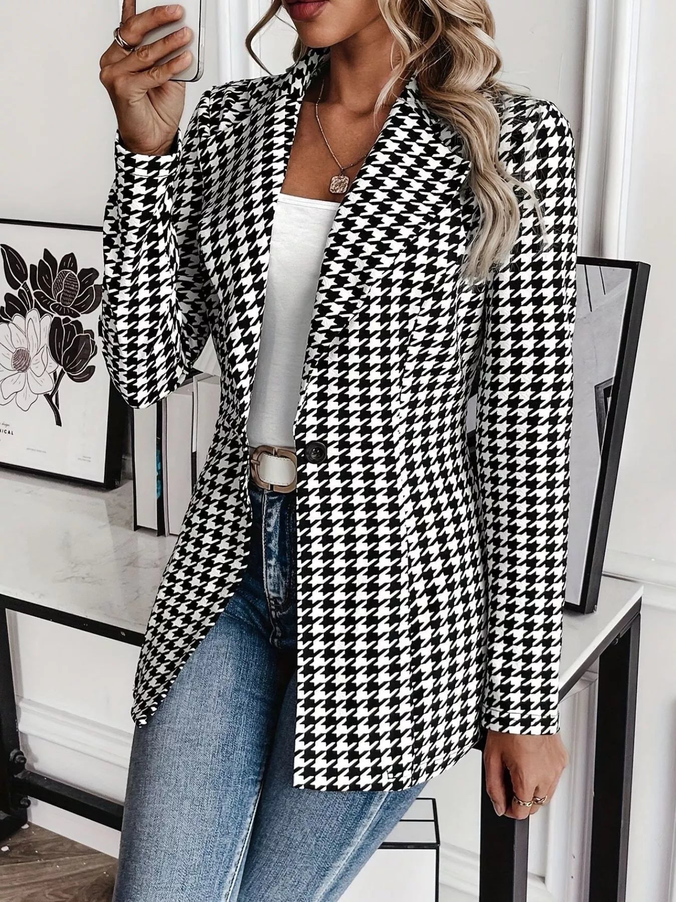 Houndstooth Print Lapel Collar Blazer - SuzRevera