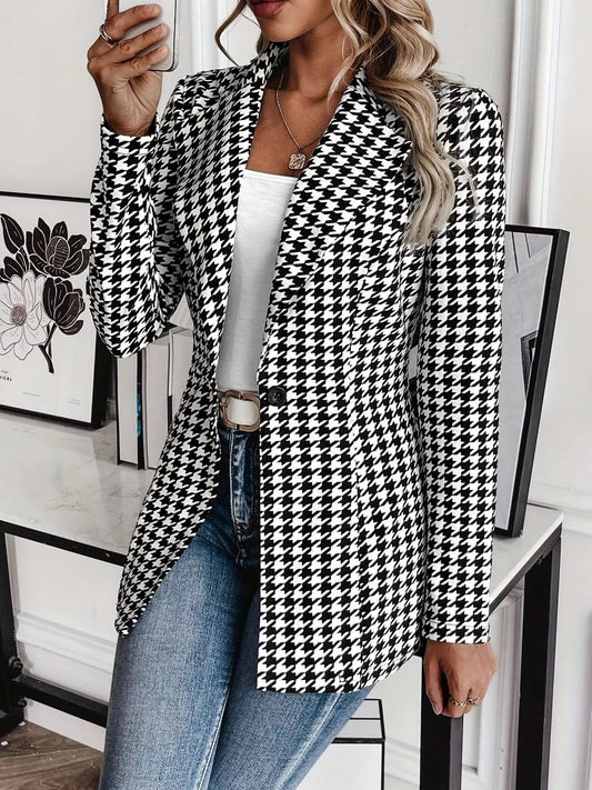 Houndstooth Print Lapel Collar Blazer - SuzRevera