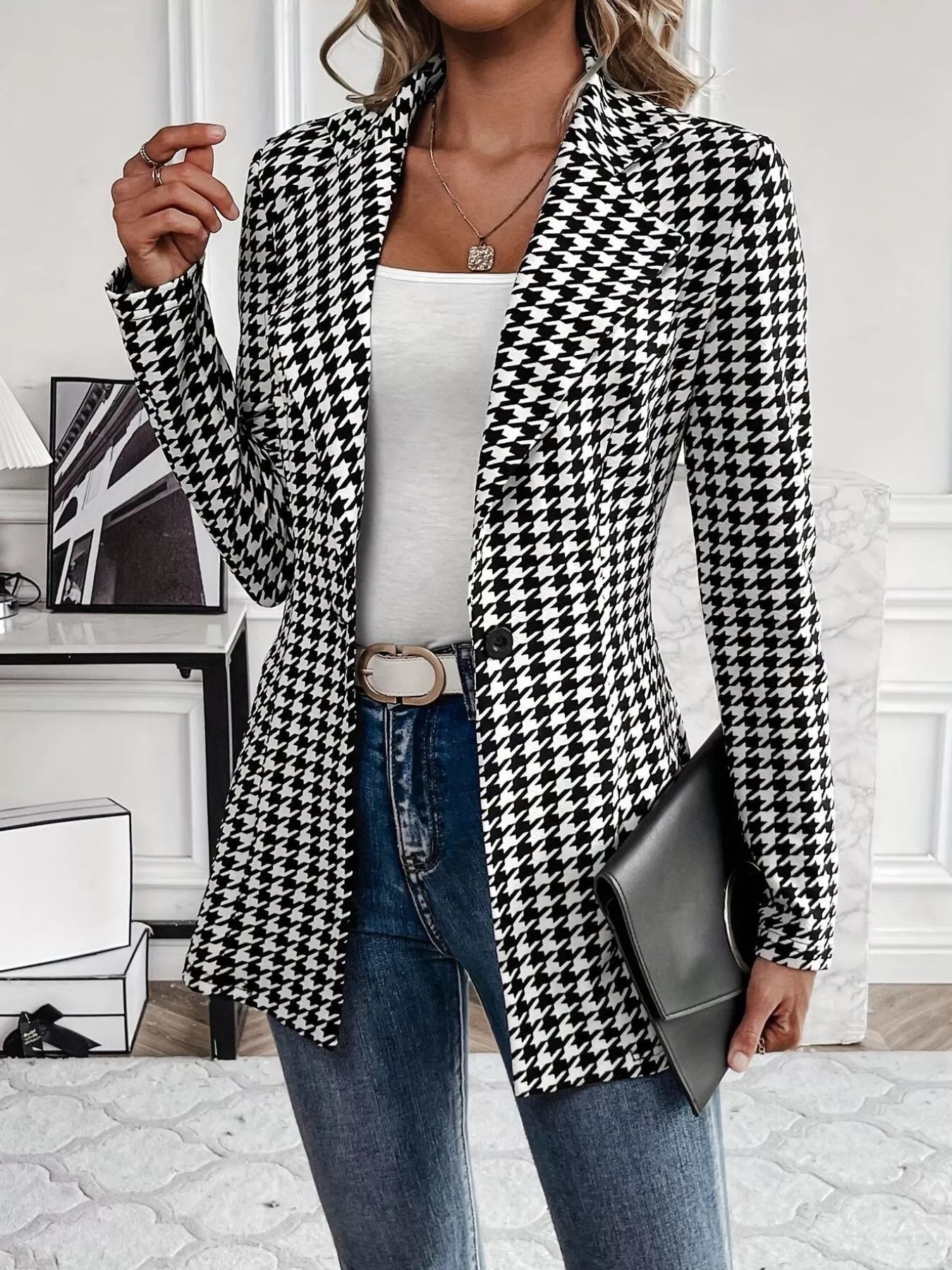 Houndstooth Print Lapel Collar Blazer - SuzRevera