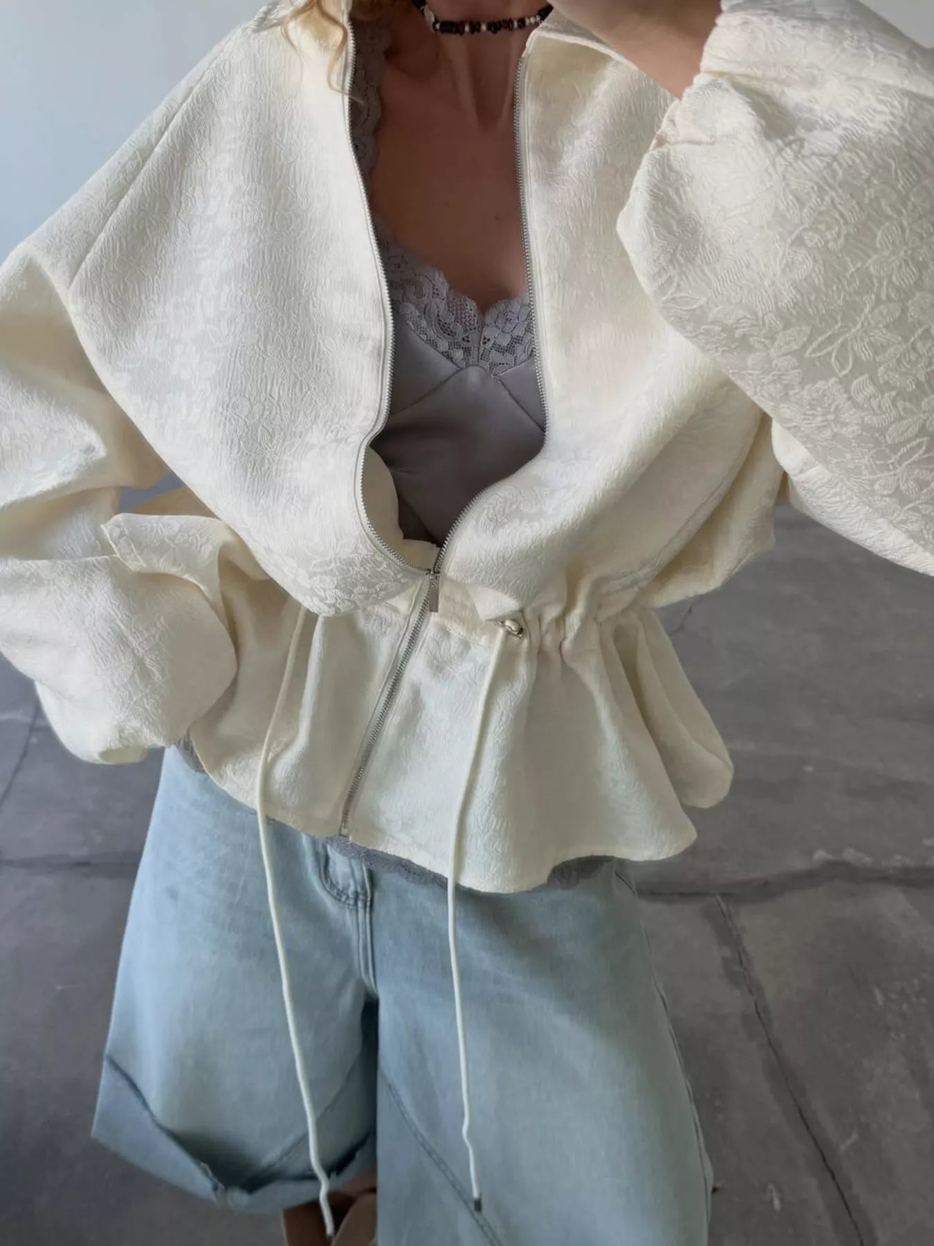 Jacquard Bomber Jacket with Drawstring Waist - SuzRevera