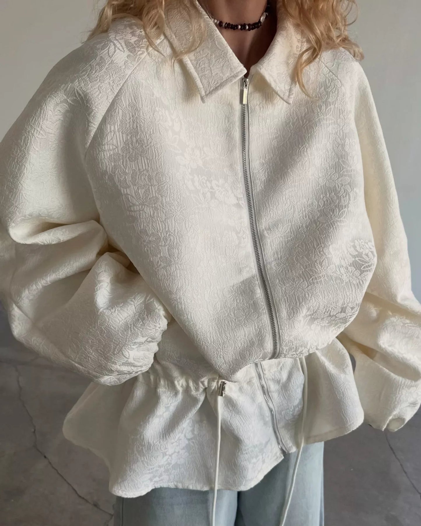 Jacquard Bomber Jacket with Drawstring Waist - SuzRevera