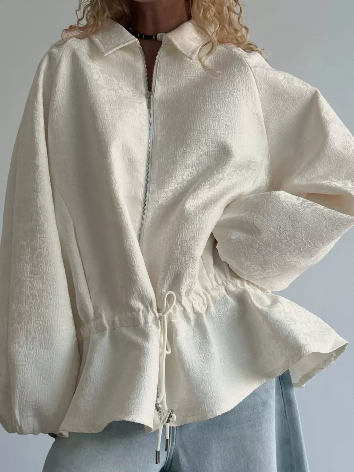 Jacquard Bomber Jacket with Drawstring Waist - SuzRevera