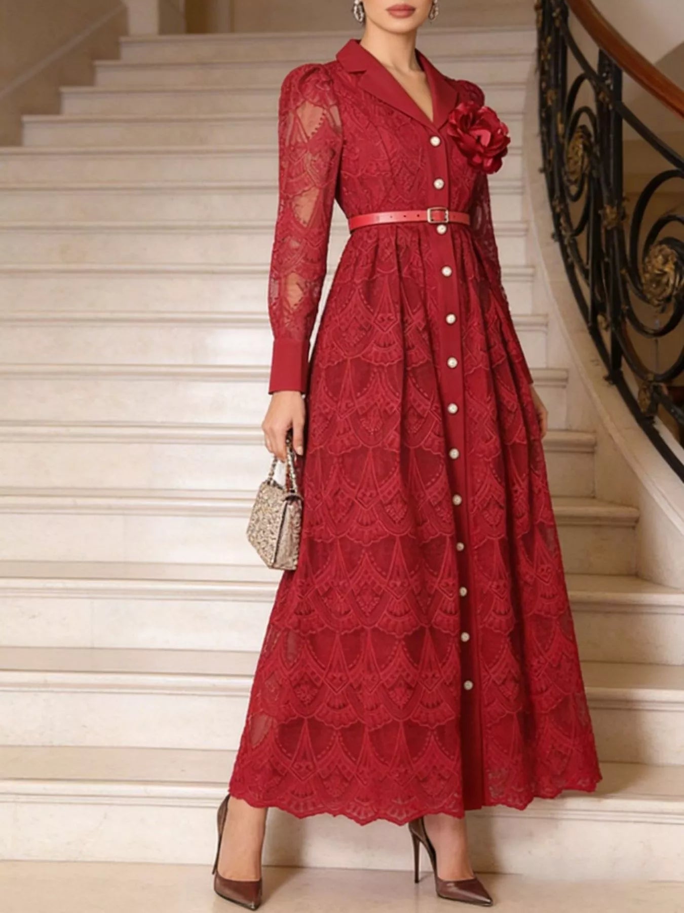 Lace Button Front Midi Dress - SuzRevera