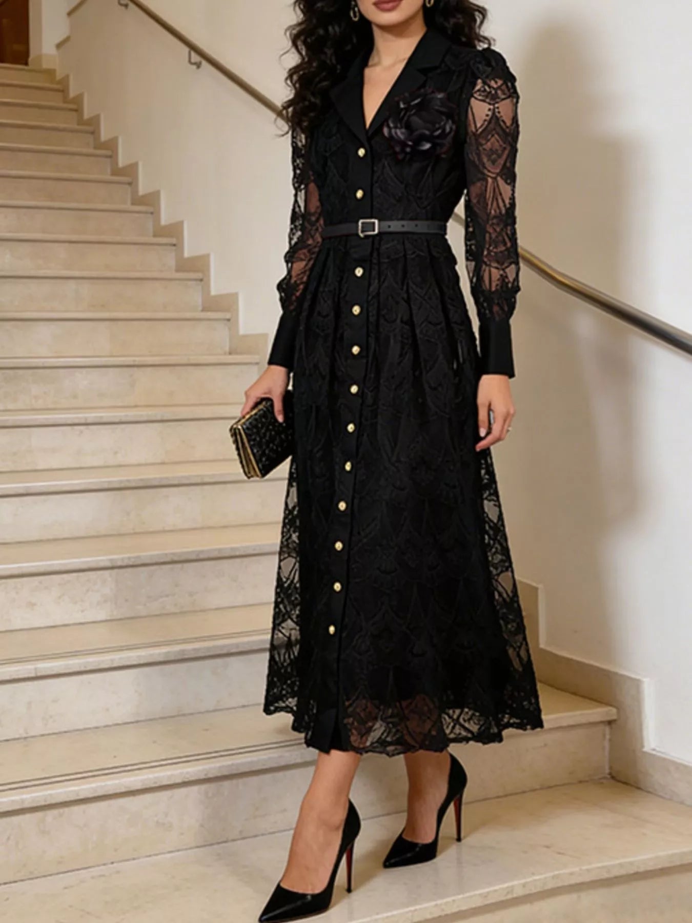 Lace Button Front Midi Dress - SuzRevera