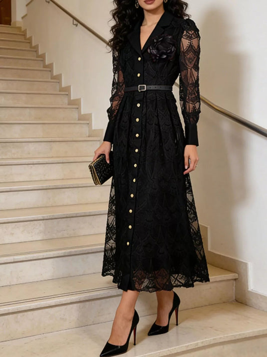 Lace Button Front Midi Dress - SuzRevera