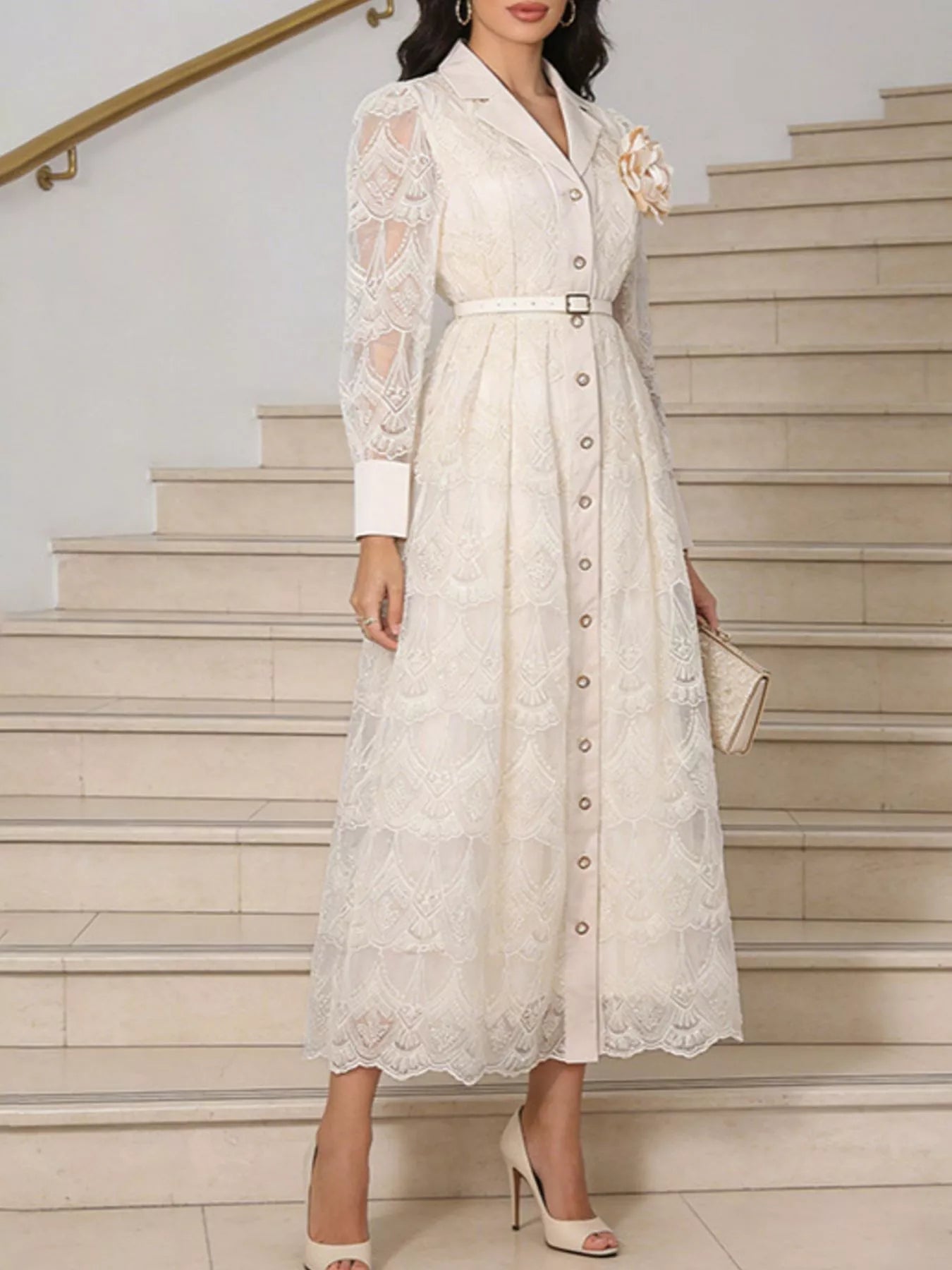 Lace Button Front Midi Dress - SuzRevera