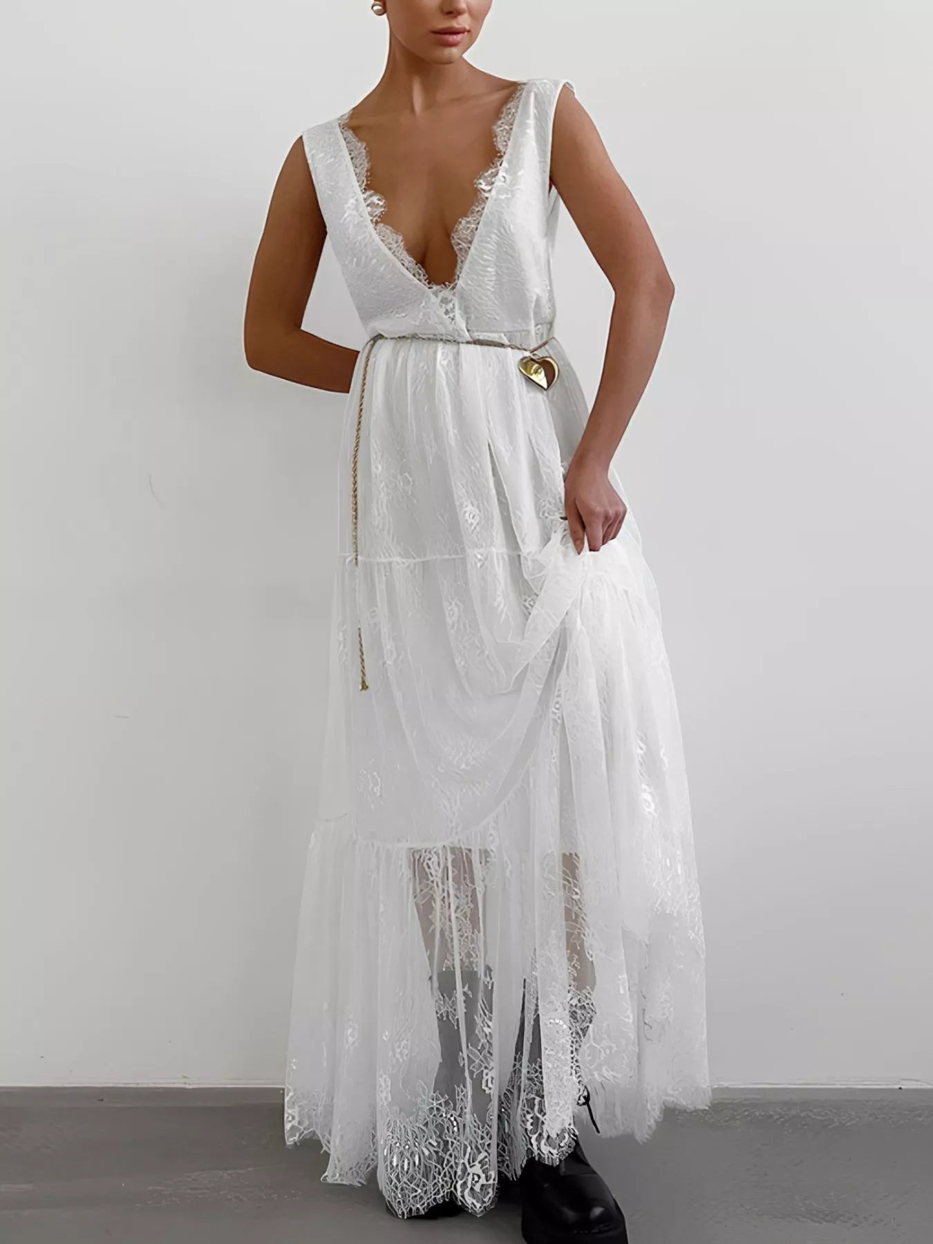 Lace Deep V-Neck Maxi Dress - SuzRevera