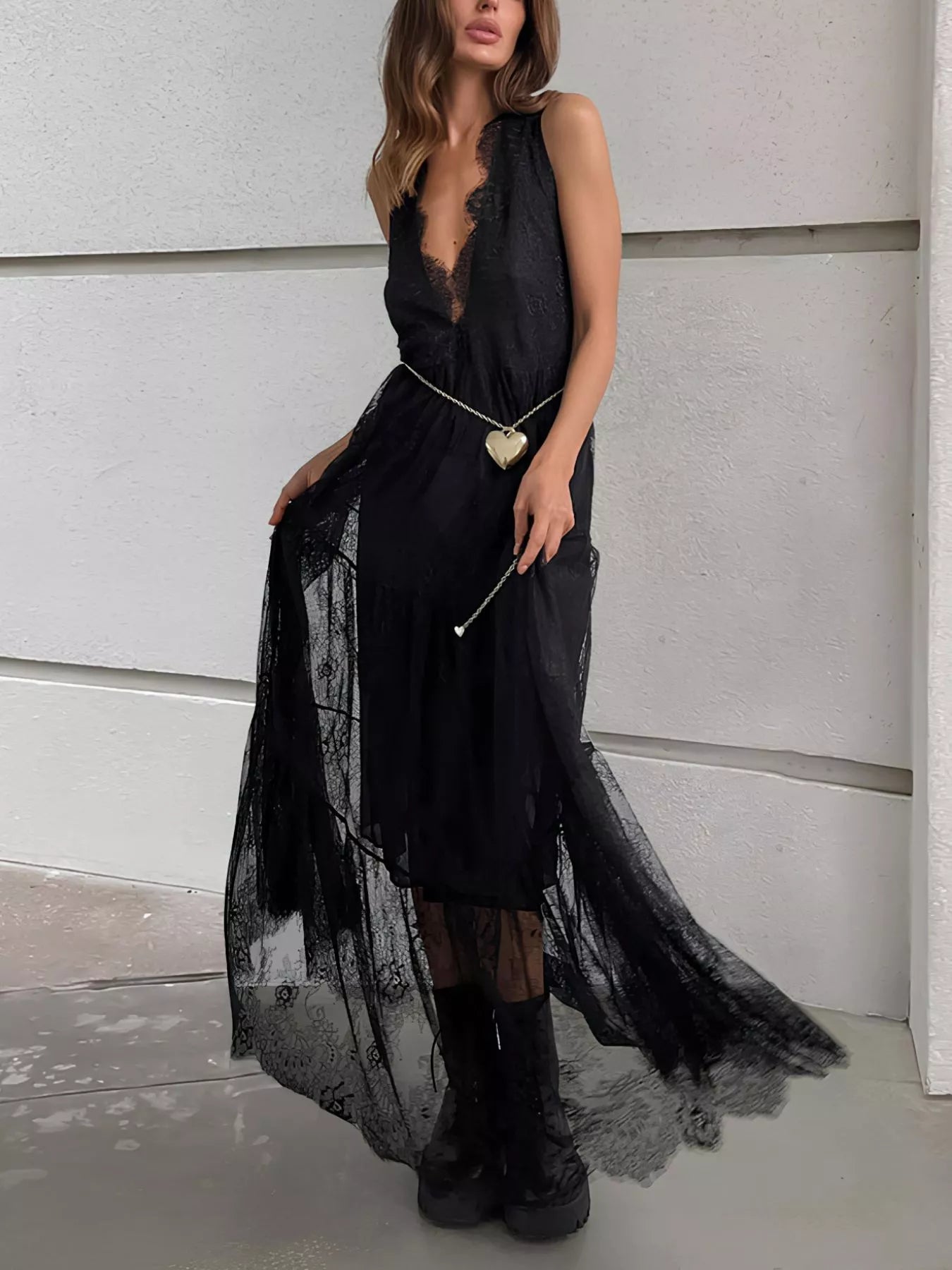 Lace Deep V-Neck Maxi Dress - SuzRevera