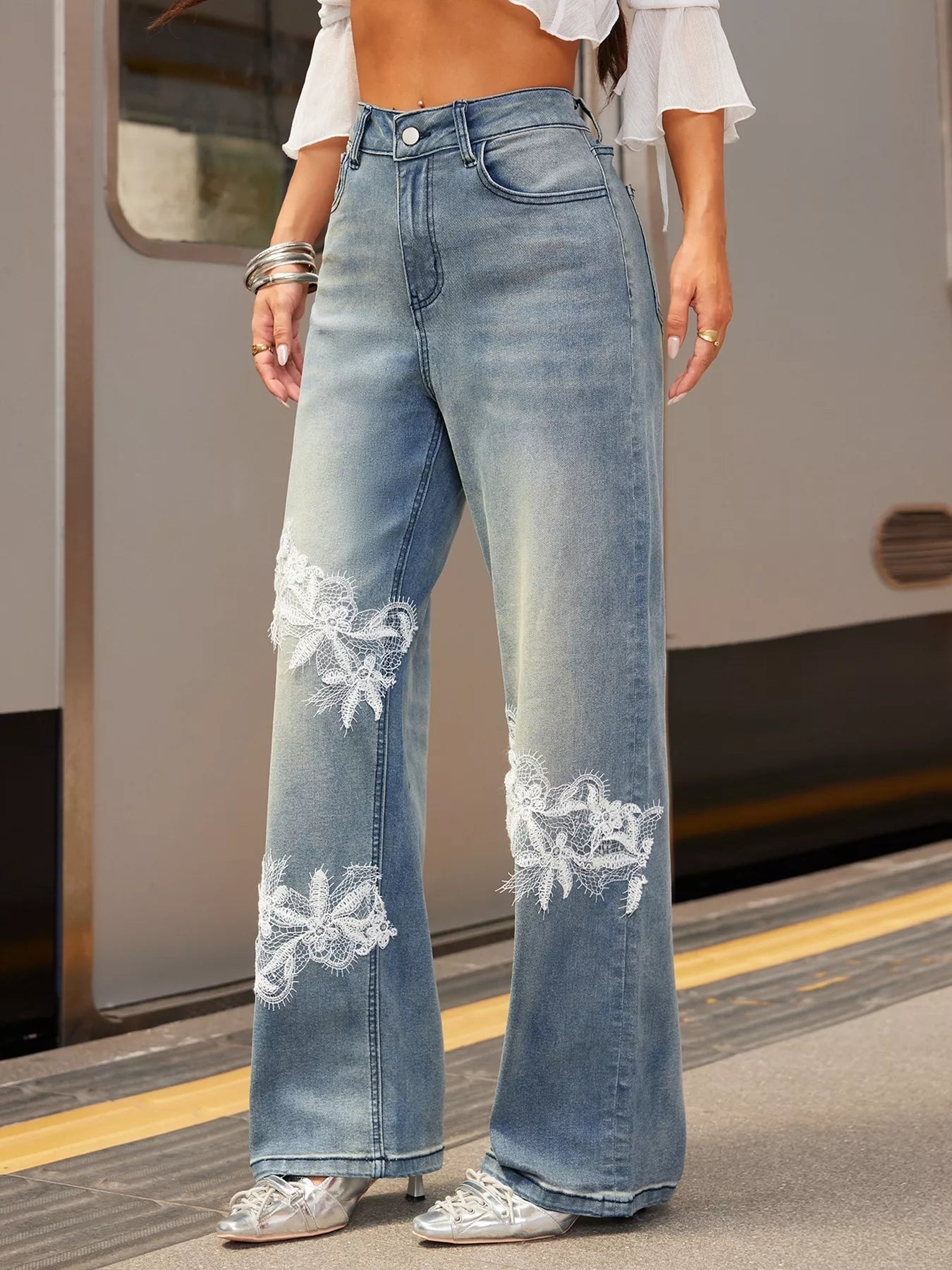 Lace Detail Wide Leg Jeans - SuzRevera