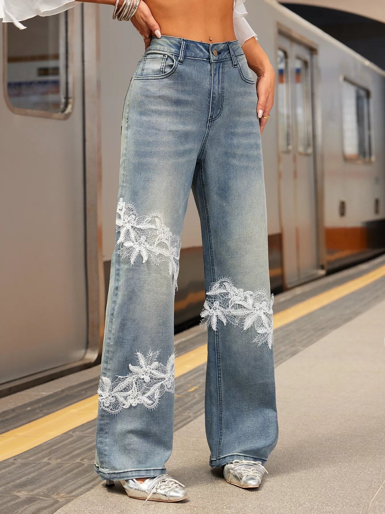 Lace Detail Wide Leg Jeans - SuzRevera