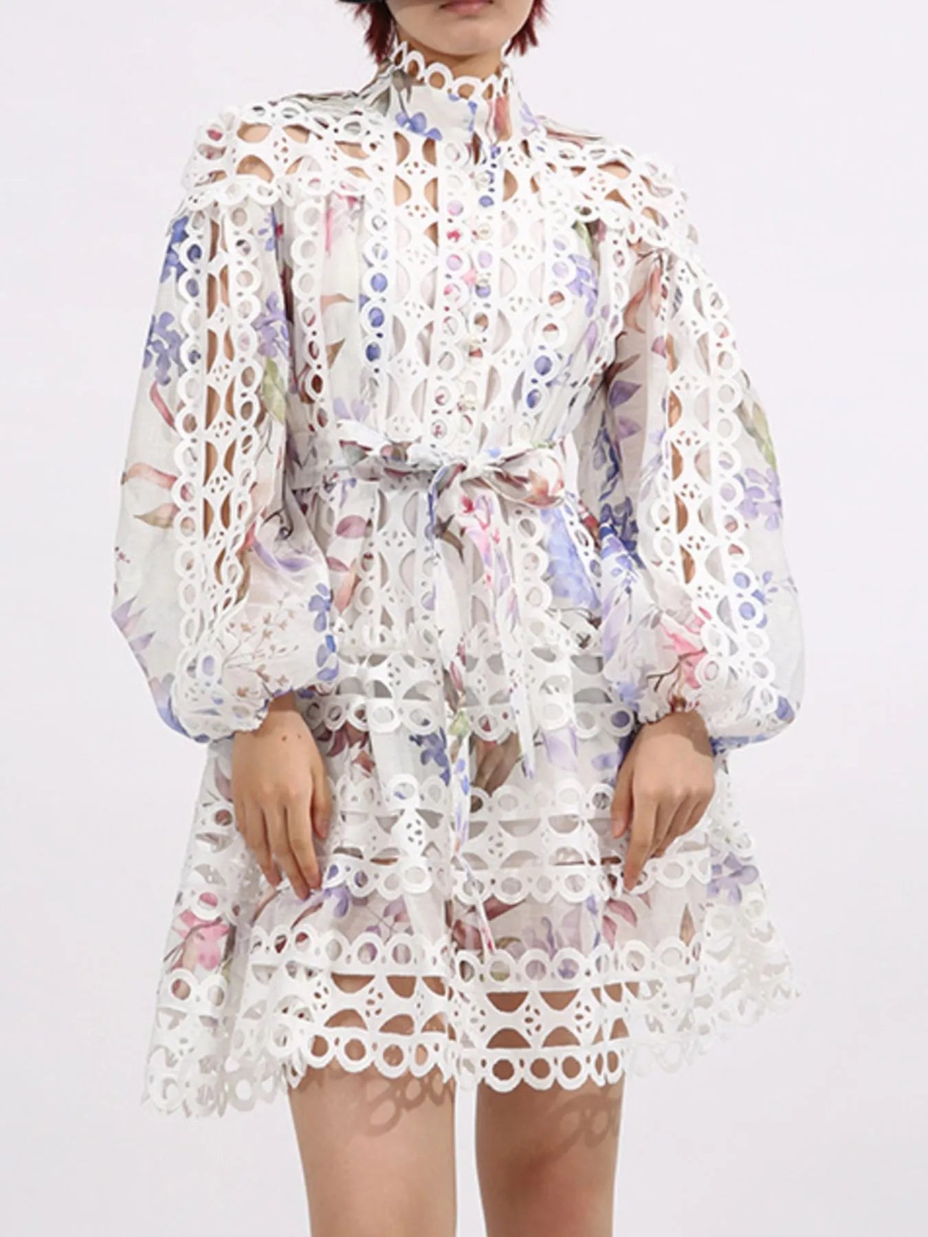 Lace Eyelet Mini Dress with Balloon Sleeves - SuzRevera