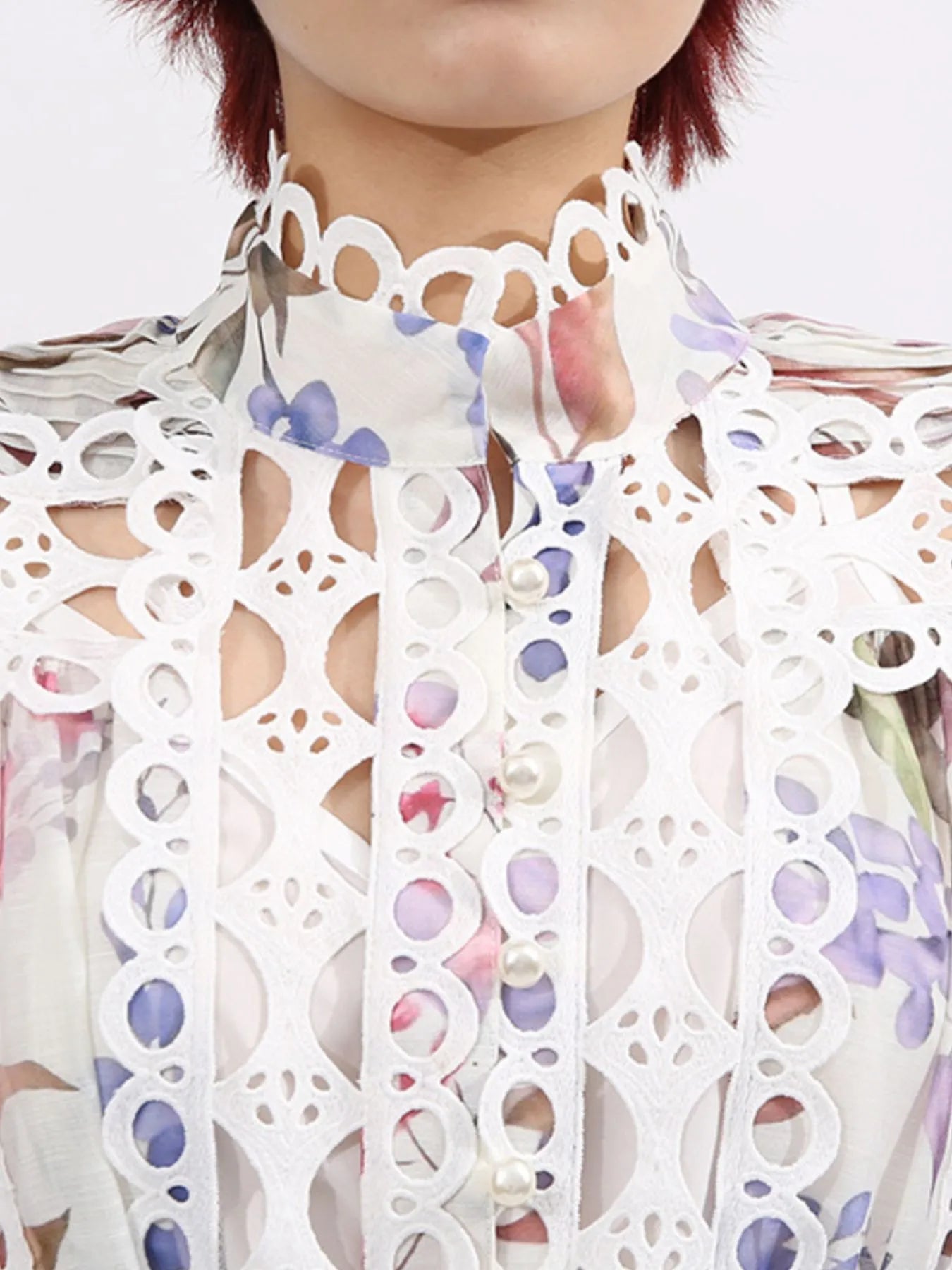 Lace Eyelet Mini Dress with Balloon Sleeves - SuzRevera