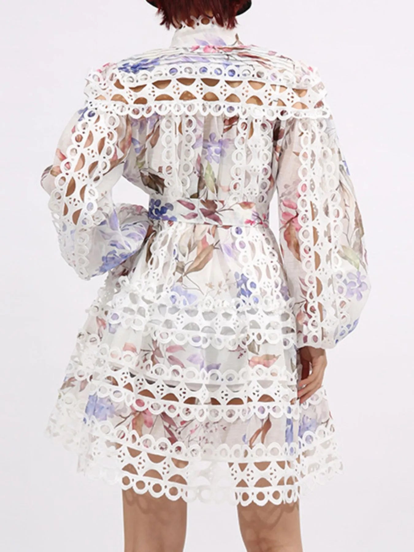 Lace Eyelet Mini Dress with Balloon Sleeves - SuzRevera