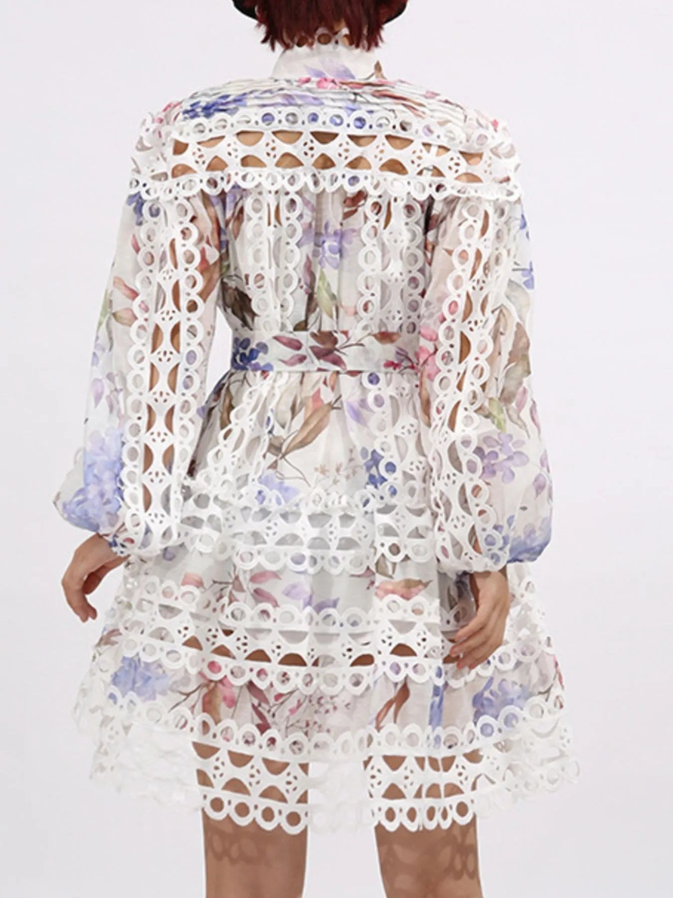 Lace Eyelet Mini Dress with Balloon Sleeves - SuzRevera