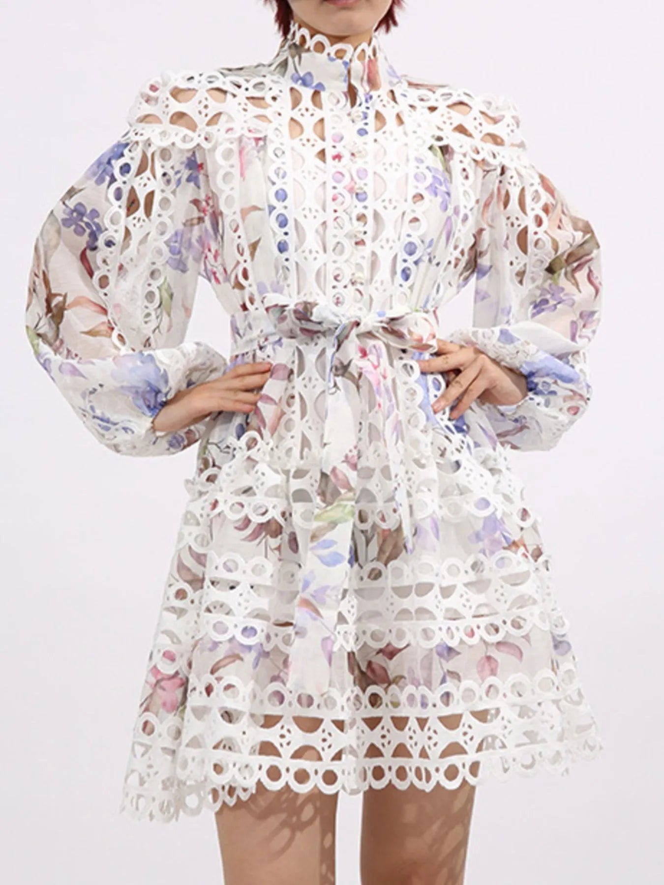Lace Eyelet Mini Dress with Balloon Sleeves - SuzRevera
