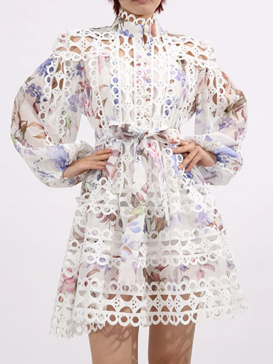 Lace Eyelet Mini Dress with Balloon Sleeves - SuzRevera