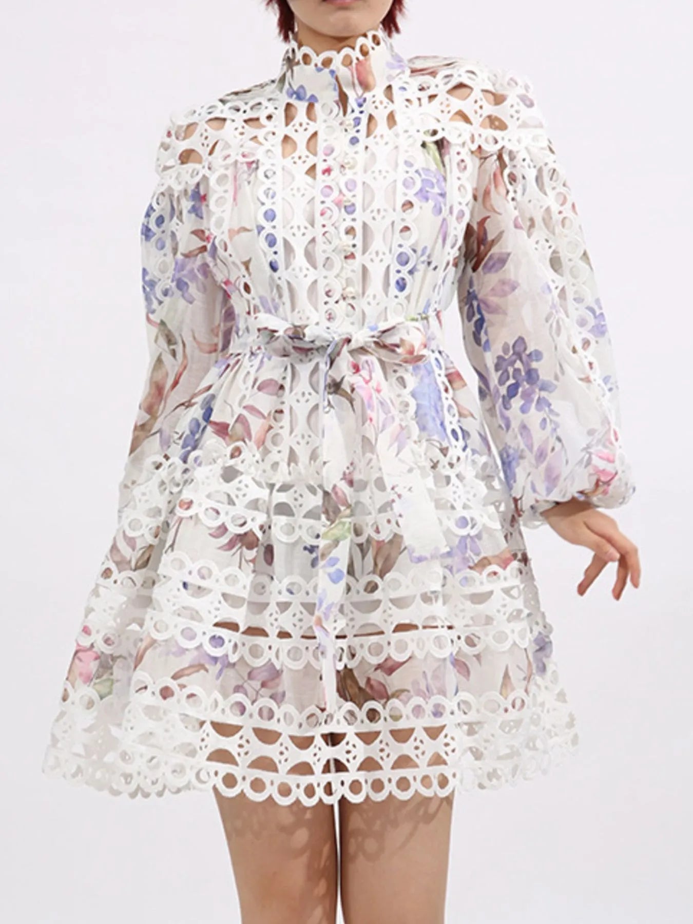 Lace Eyelet Mini Dress with Balloon Sleeves - SuzRevera