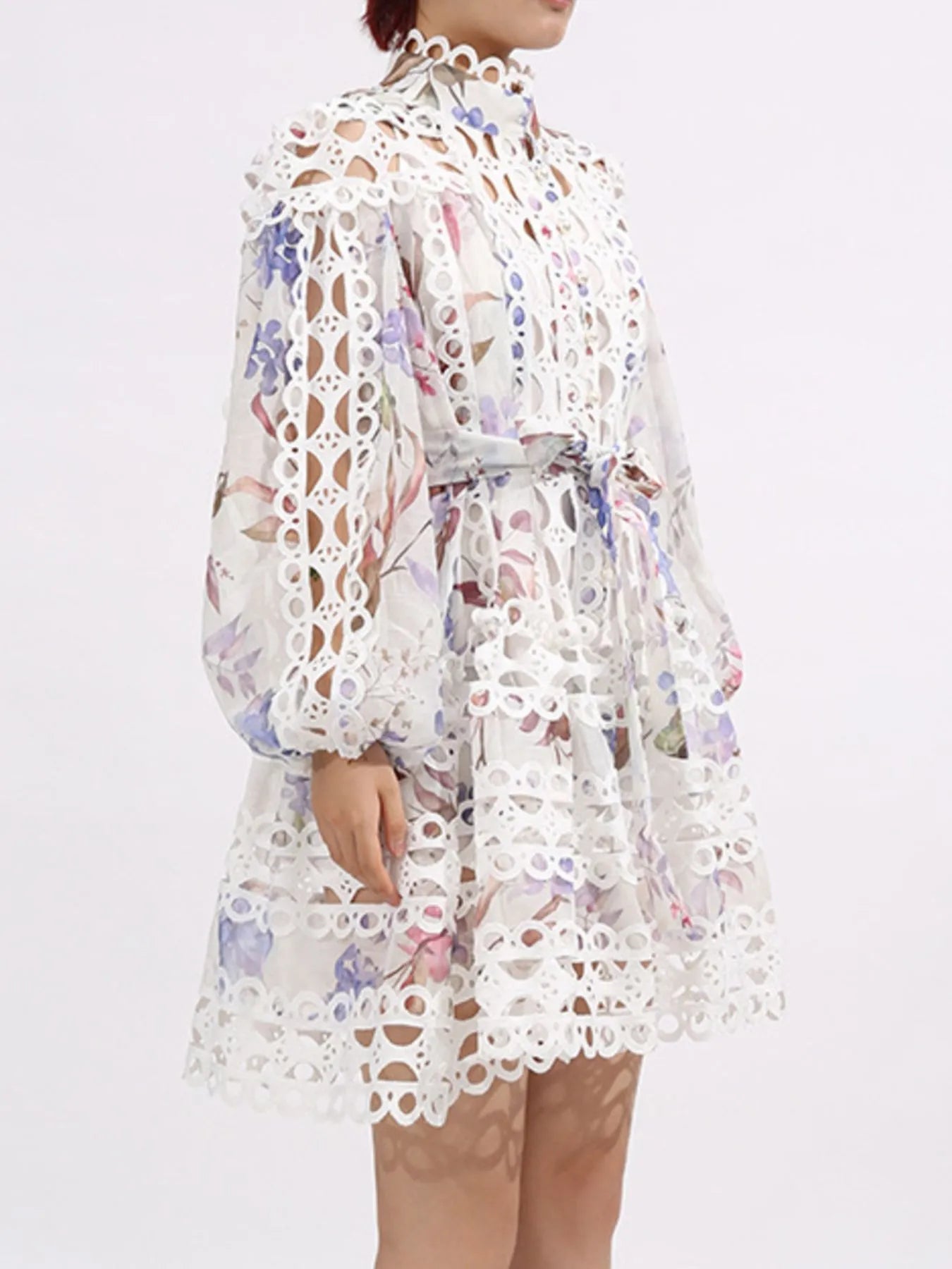 Lace Eyelet Mini Dress with Balloon Sleeves - SuzRevera