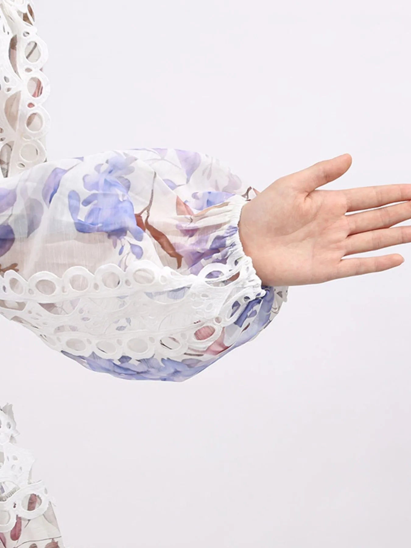 Lace Eyelet Mini Dress with Balloon Sleeves - SuzRevera