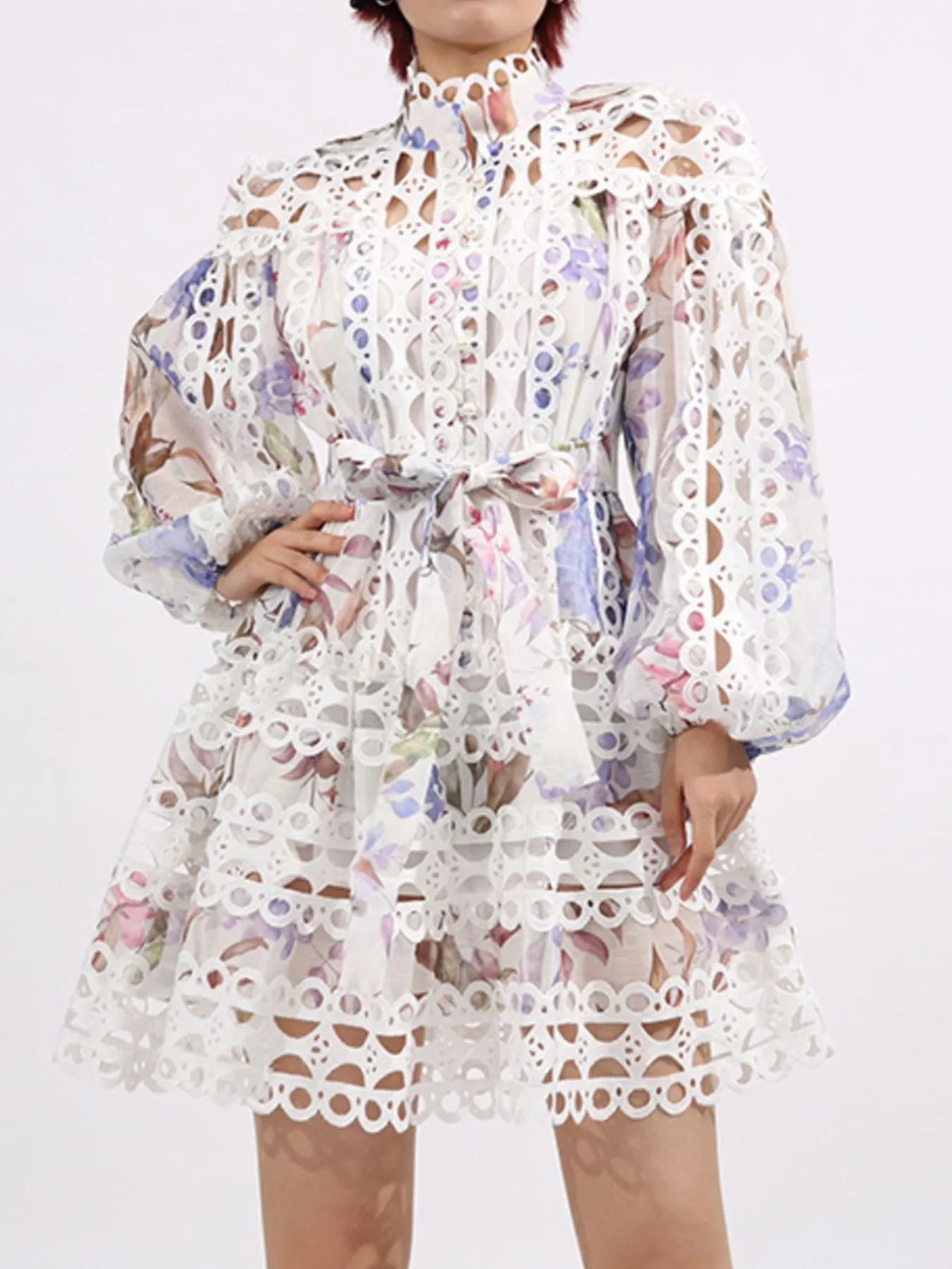 Lace Eyelet Mini Dress with Balloon Sleeves - SuzRevera