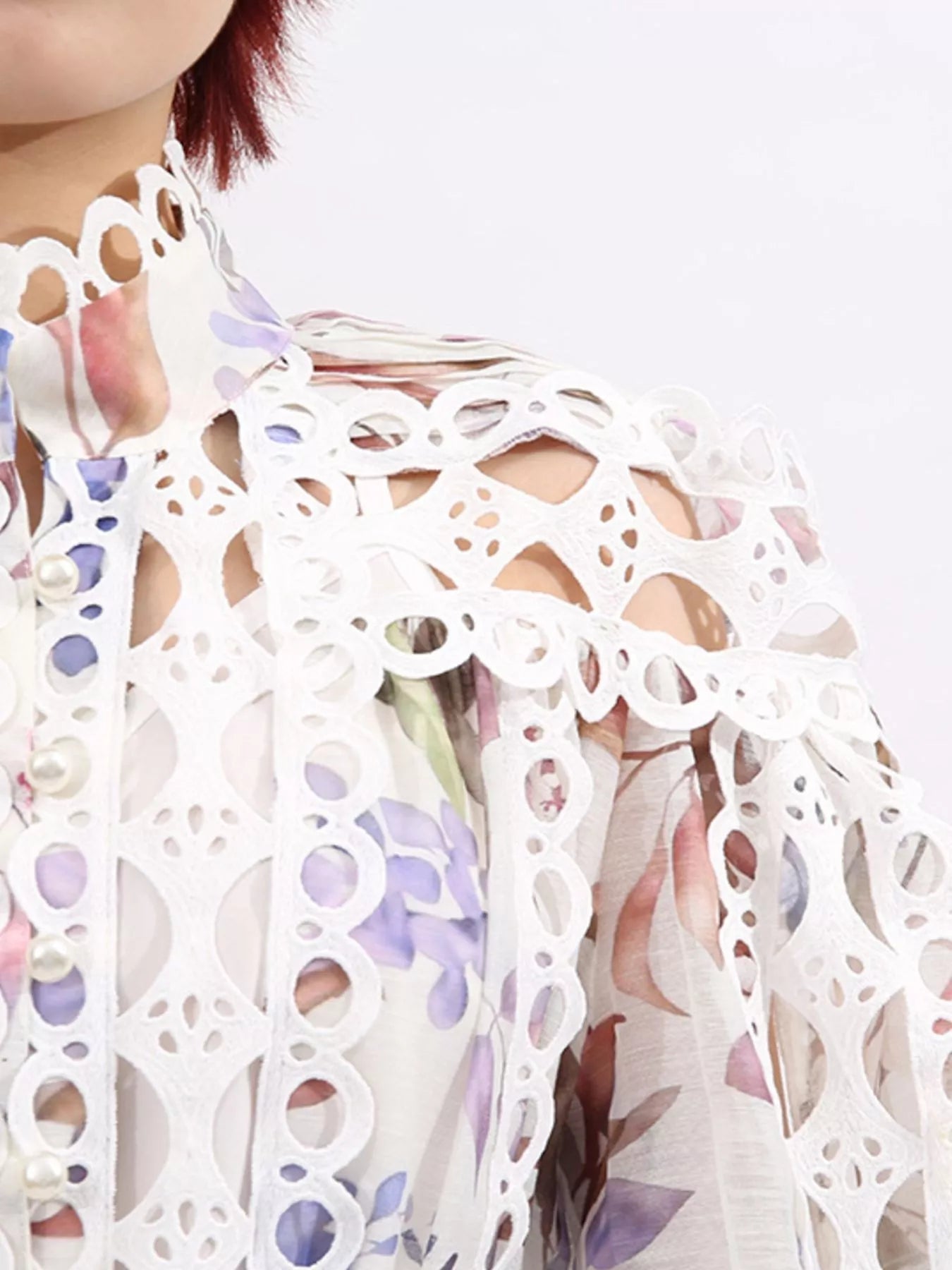 Lace Eyelet Mini Dress with Balloon Sleeves - SuzRevera