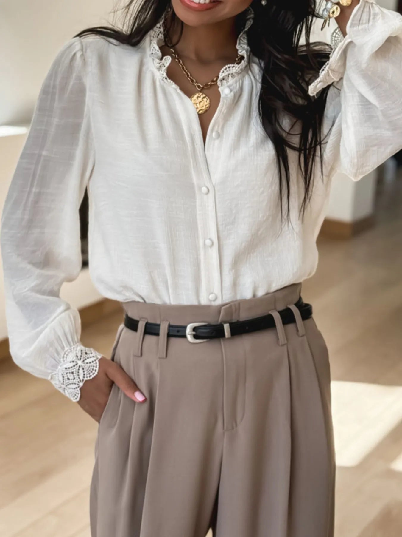 Lace Patchwork Buttoned Stand Neck Loose Shirt - SuzRevera