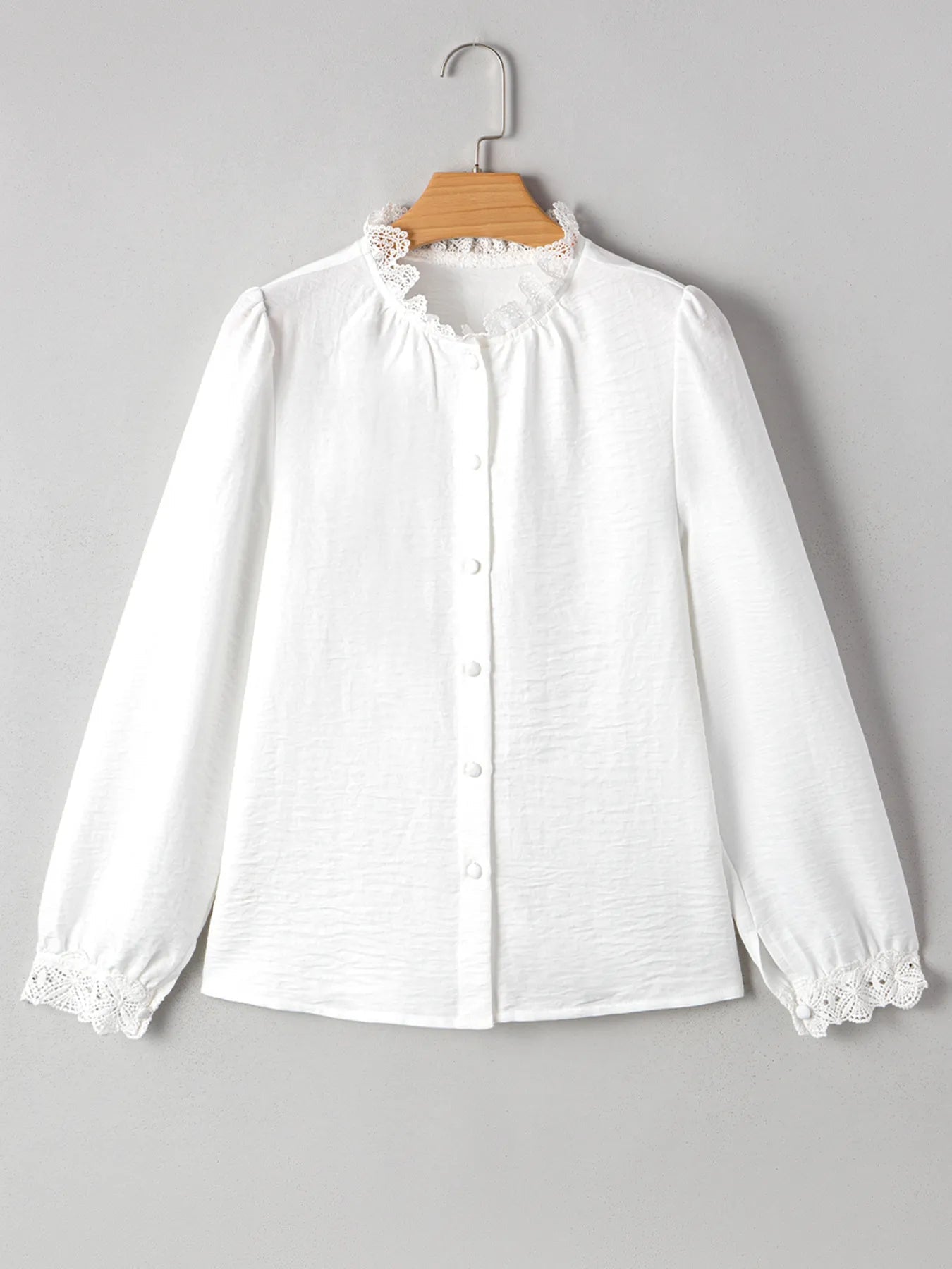 Lace Patchwork Buttoned Stand Neck Loose Shirt - SuzRevera