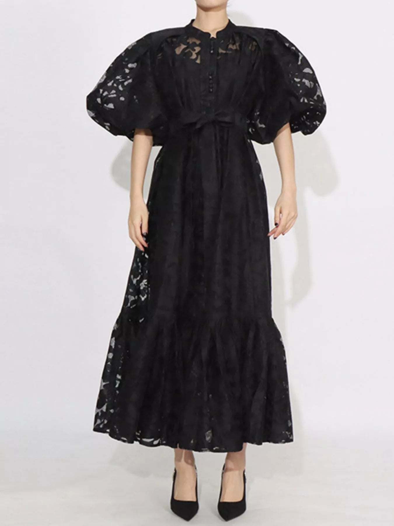 Lace Puff Sleeve Tie Waist Maxi Dress - SuzRevera