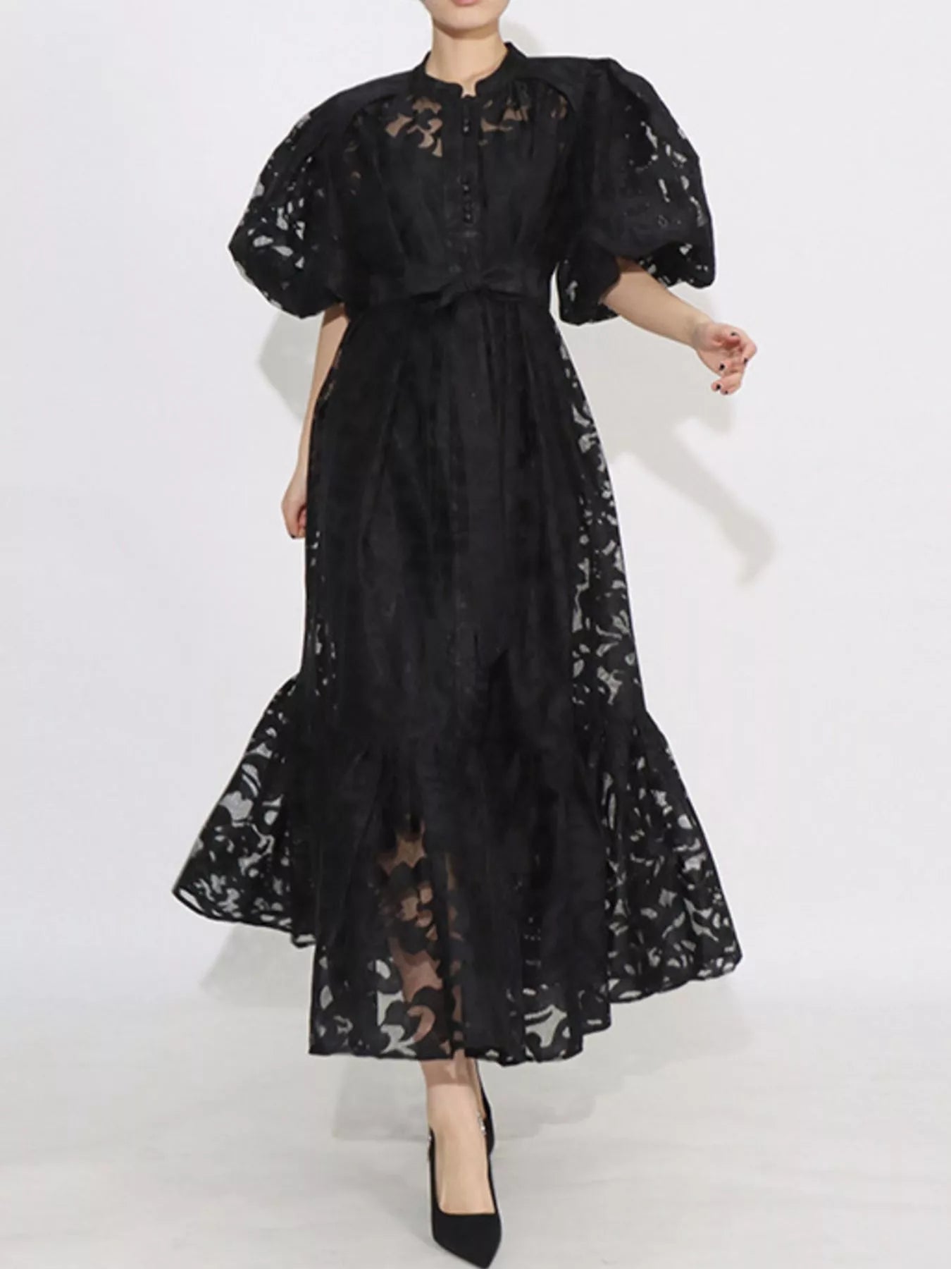 Lace Puff Sleeve Tie Waist Maxi Dress - SuzRevera