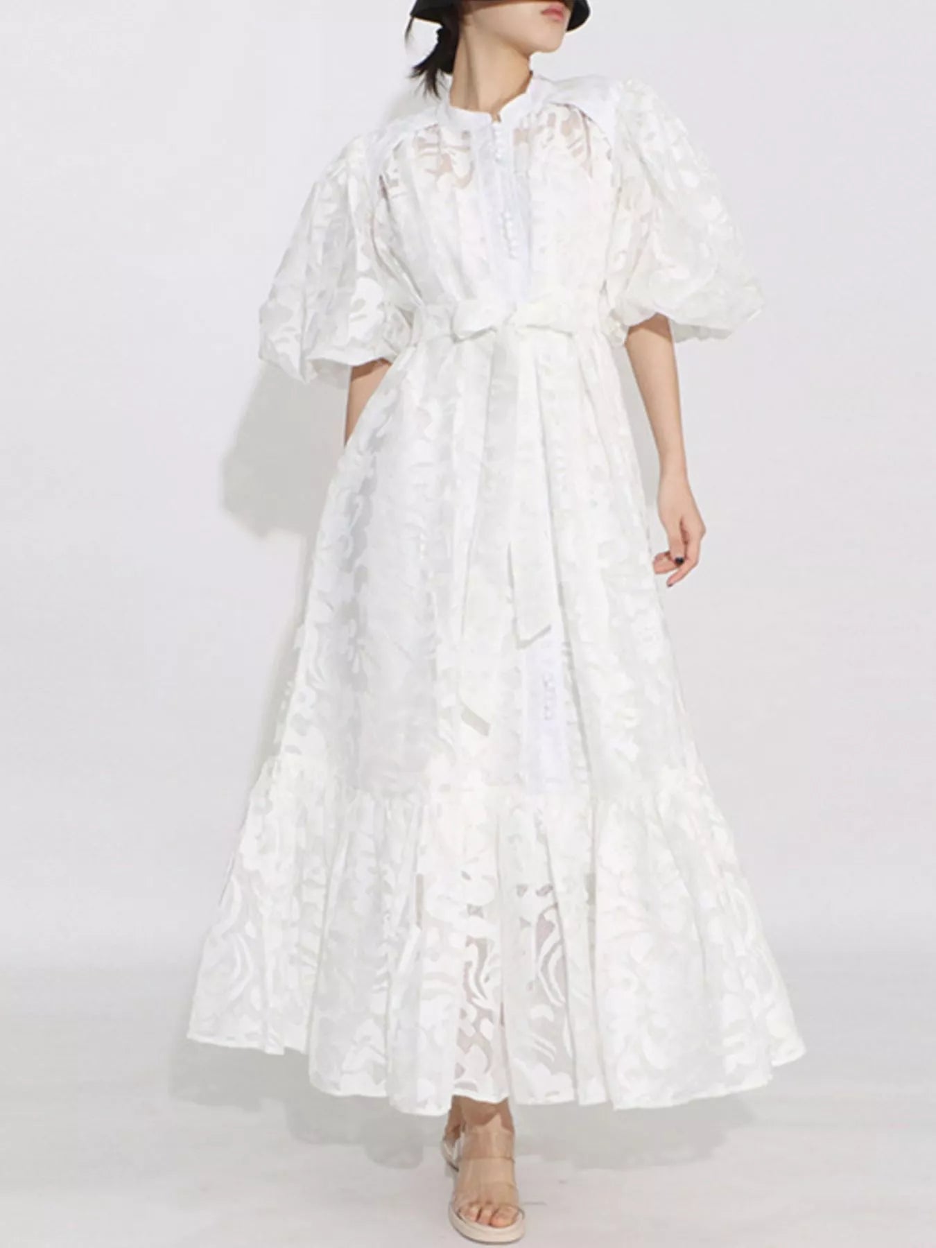 Lace Puff Sleeve Tie Waist Maxi Dress - SuzRevera