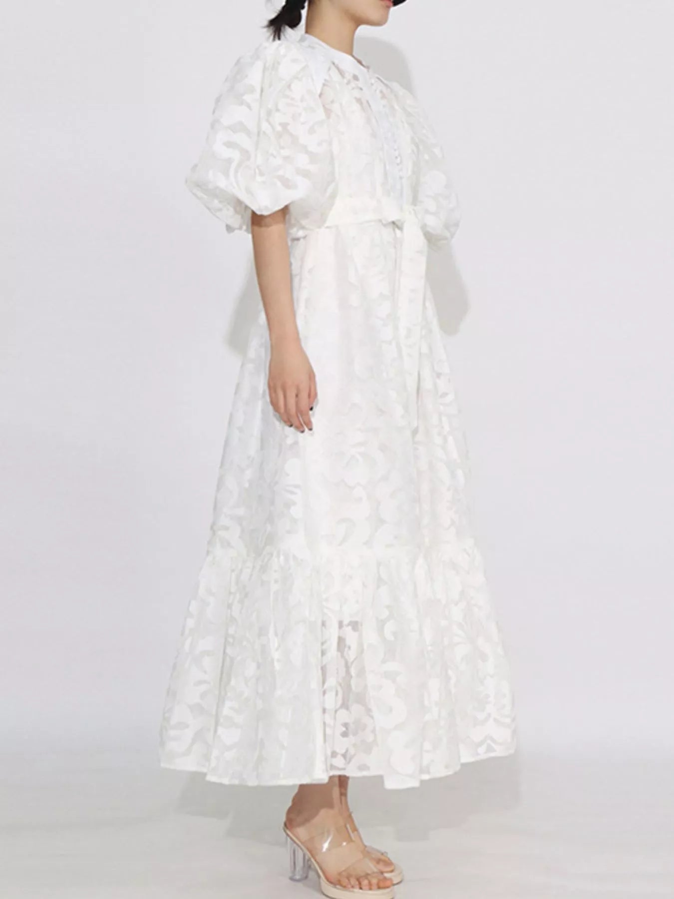 Lace Puff Sleeve Tie Waist Maxi Dress - SuzRevera