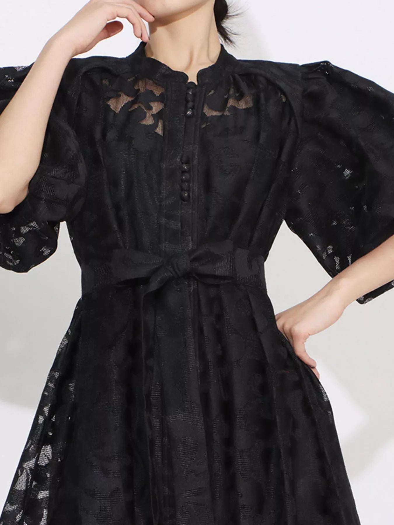 Lace Puff Sleeve Tie Waist Maxi Dress - SuzRevera