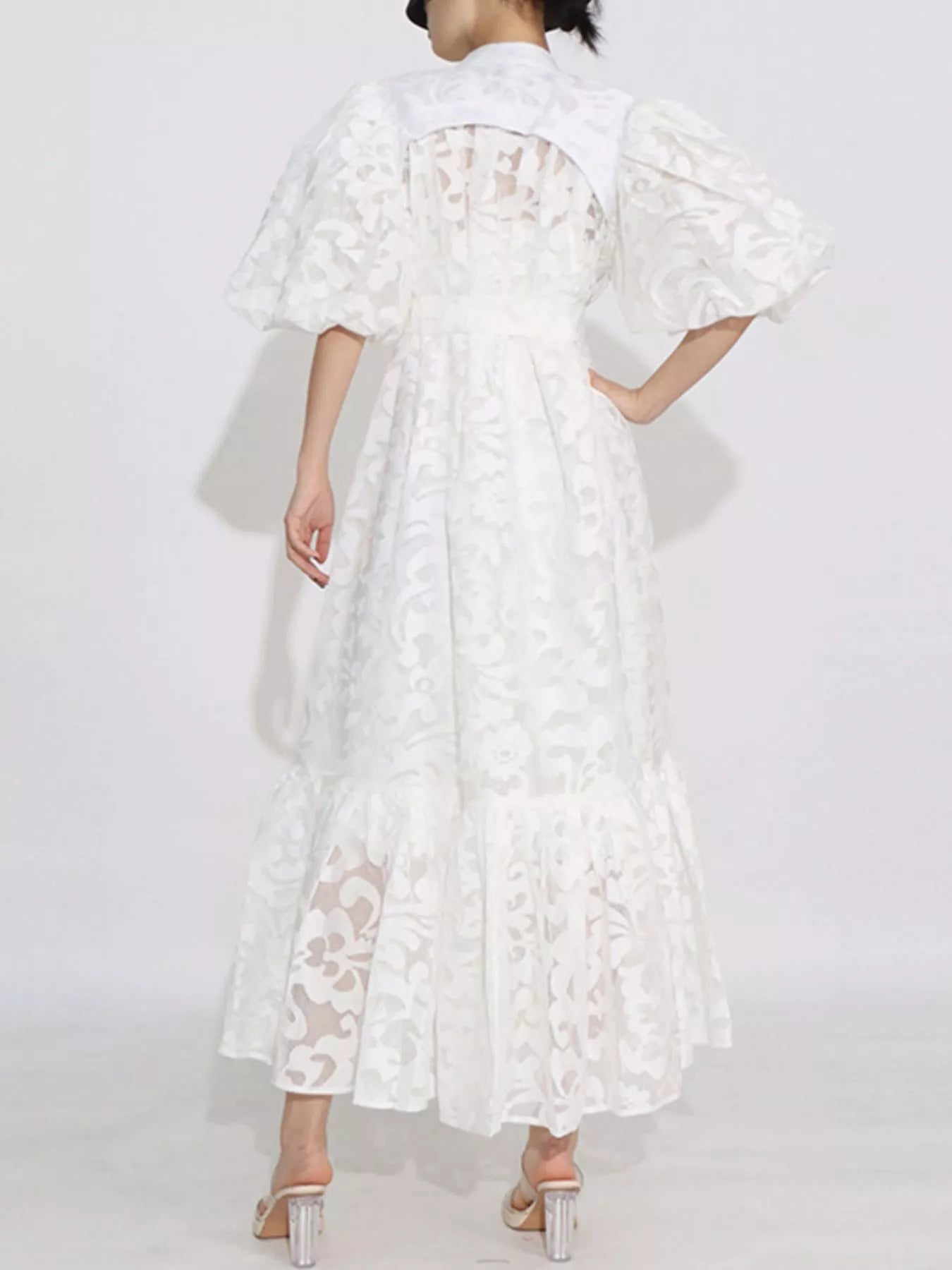 Lace Puff Sleeve Tie Waist Maxi Dress - SuzRevera