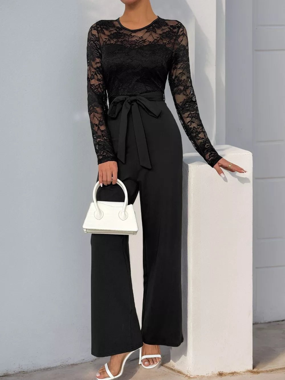 Lace Round Neck Long Sleeve Jumpsuit - SuzRevera