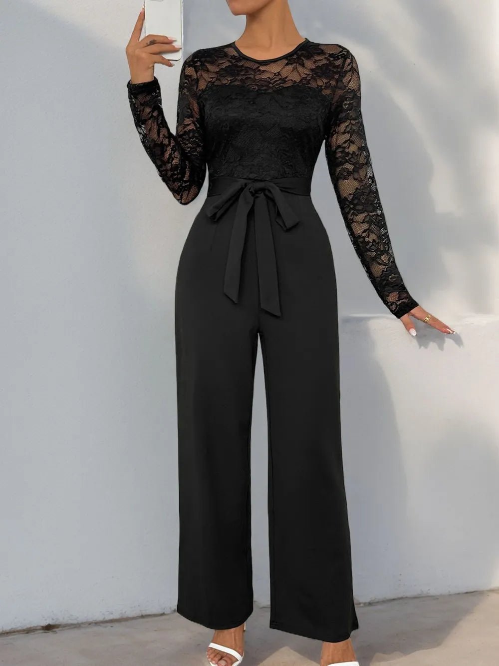 Lace Round Neck Long Sleeve Jumpsuit - SuzRevera